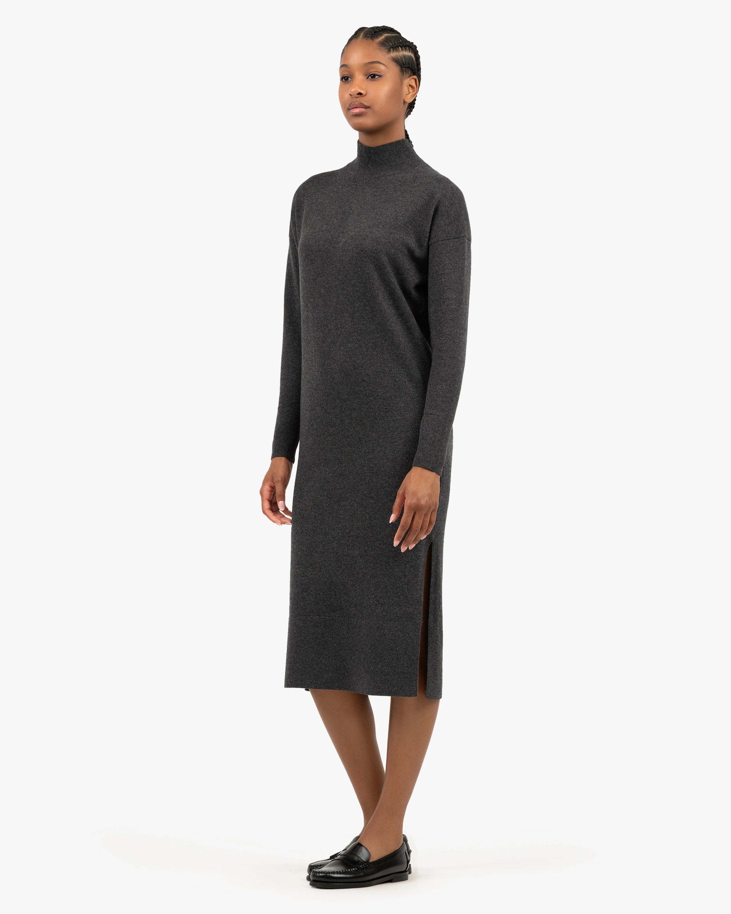 grey cashmere dress Liv Mock Neck - Charcoal - Bodice 48% Wool 50taxmas25 Color:Diamond White Blush Swipe to see how