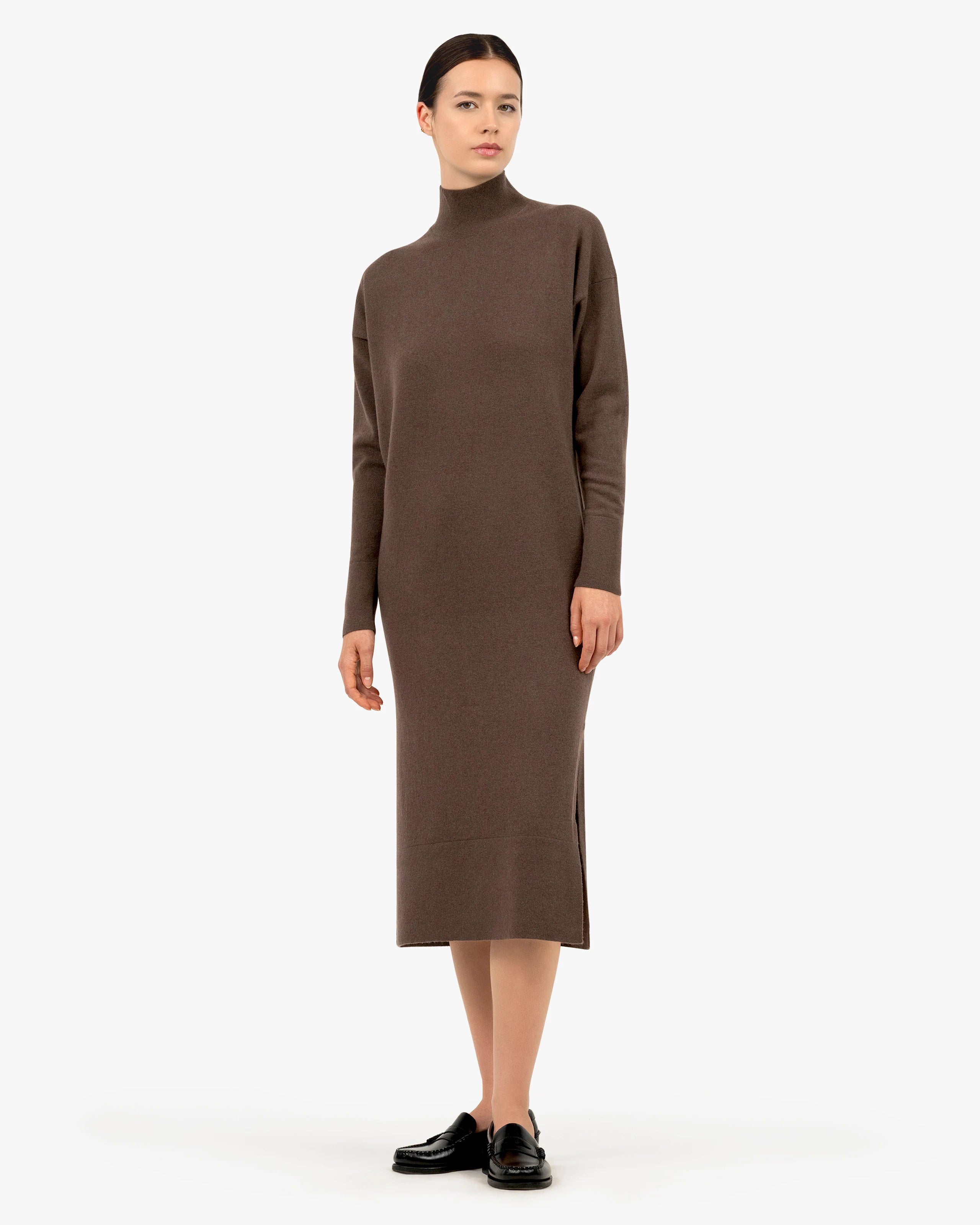 Liv Mock Neck Dress - Brown - Cashmere