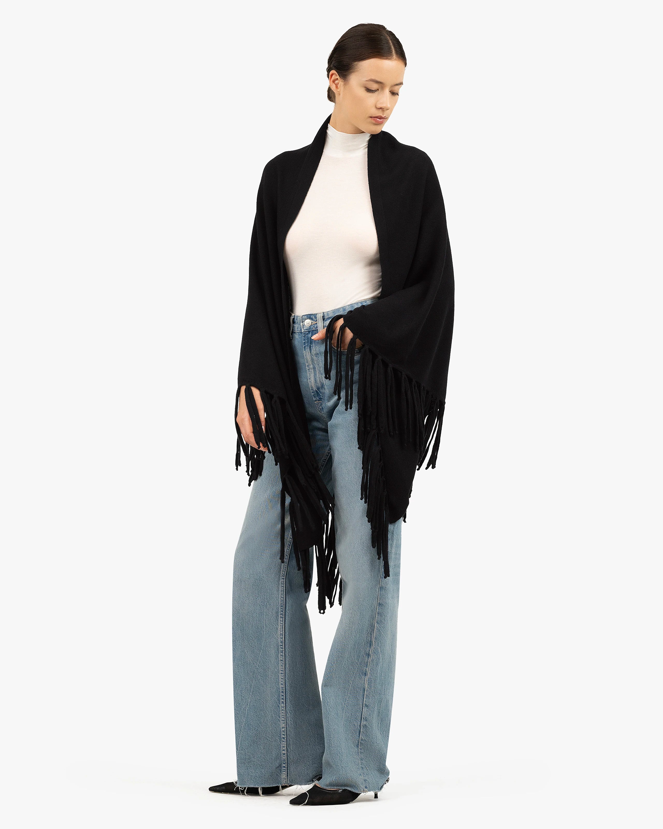 Fringed Cashmere Wrap - Black | MaisonCashmere