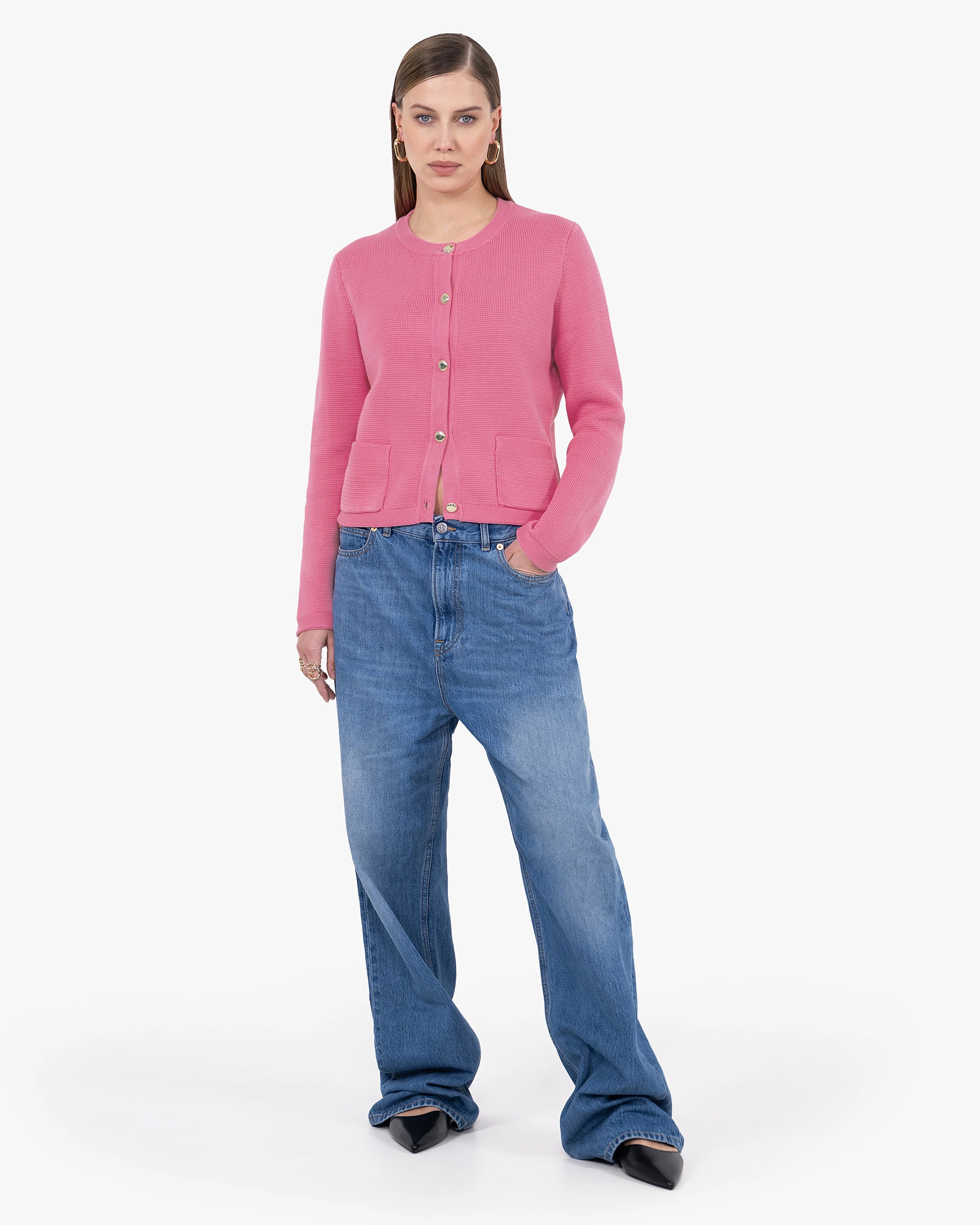 Women's Oasi Crew Neck Cotton Cardigan - Fuchsia | MaisonCashmere
