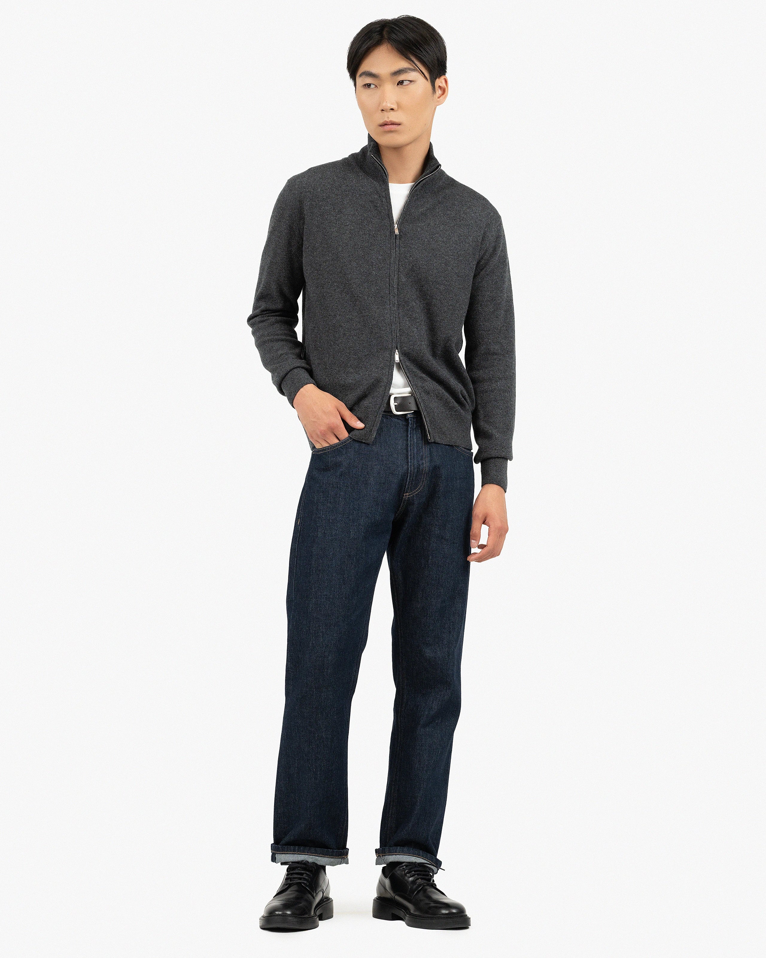 Men's Classic Zip Cashmere Cardigan - Charcoal | MaisonCashmere