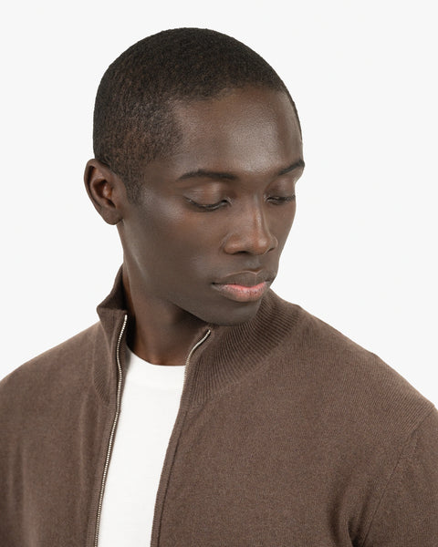 Mens' Classic Zip Cardigan - Brown Cashmere