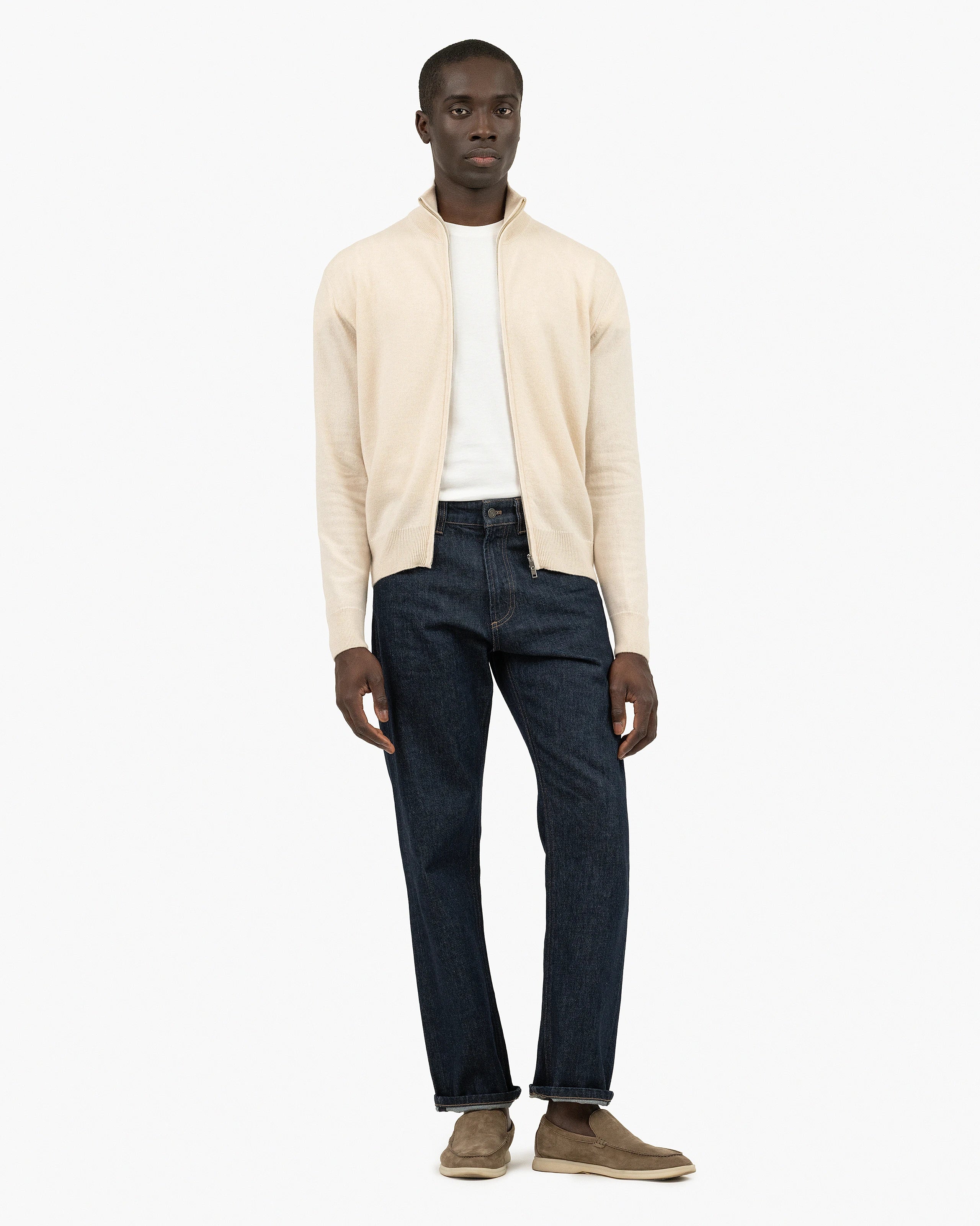 Men's Classic Zip Cashmere Cardigan - Light Beige | MaisonCashmere