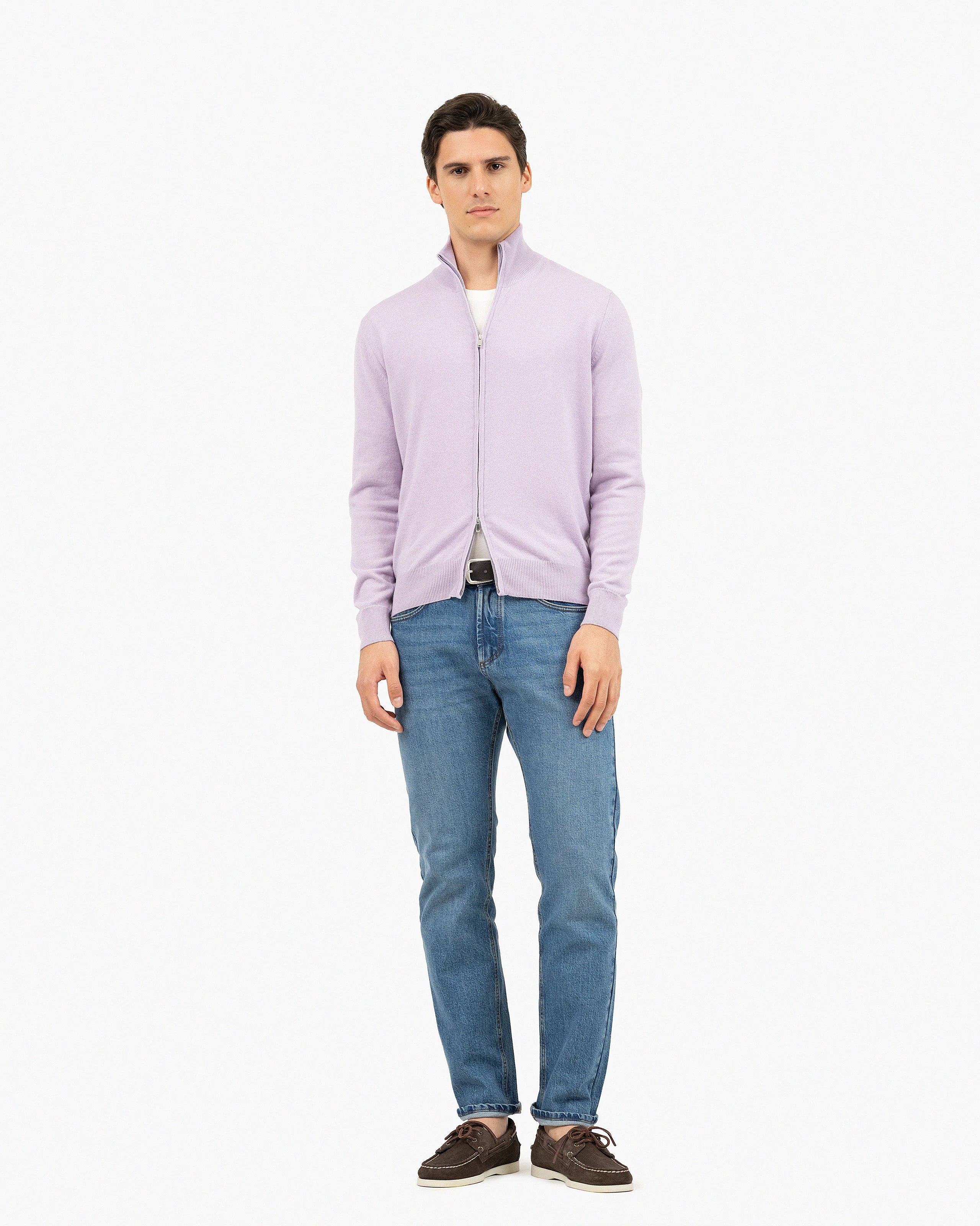 【L'Appartement】BICOLOR CARDIGAN Men's Classic Zip Cashmere Cardigan - Lilac | MaisonCashmere