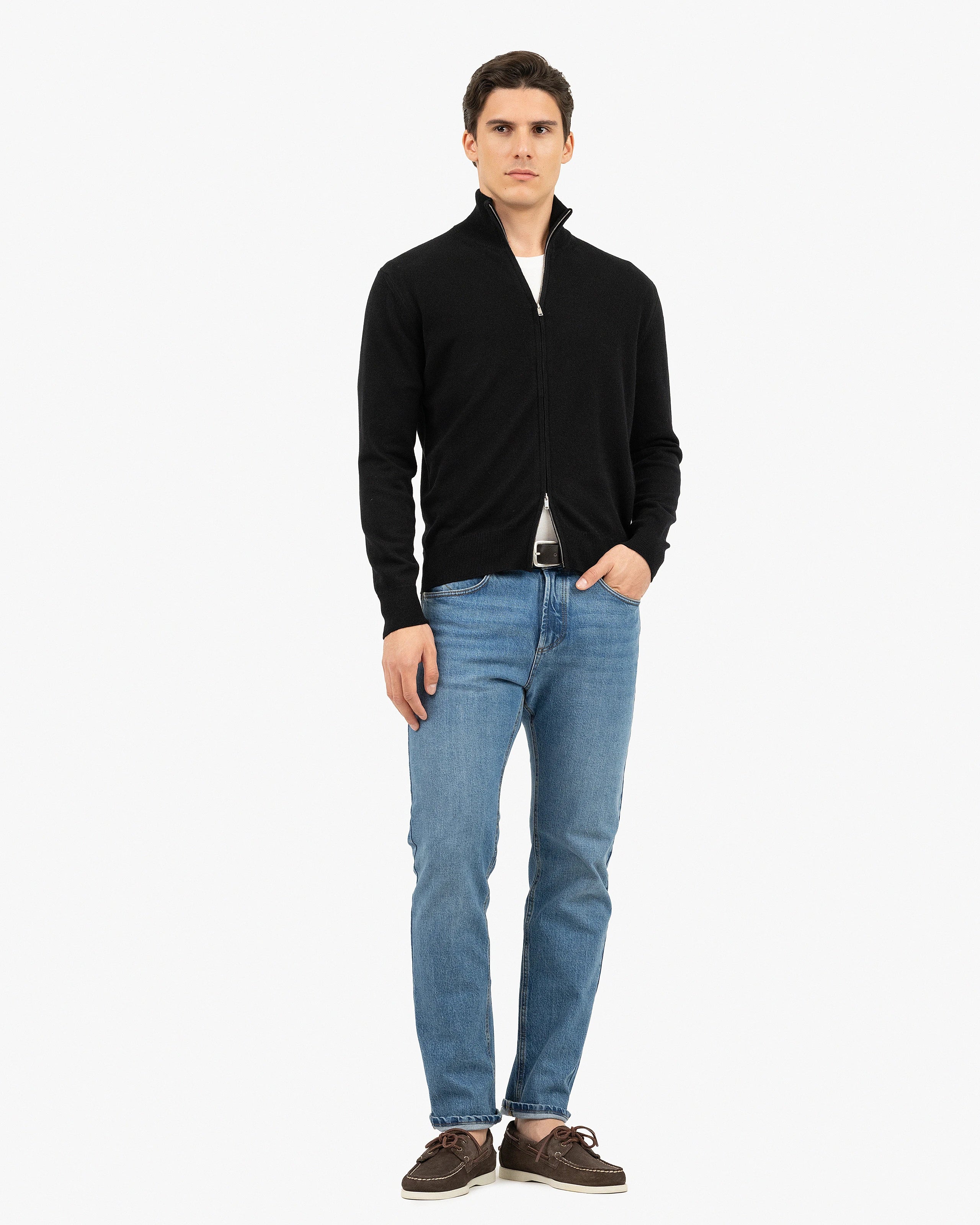Men's Classic Zip Cashmere Cardigan - Black | MaisonCashmere