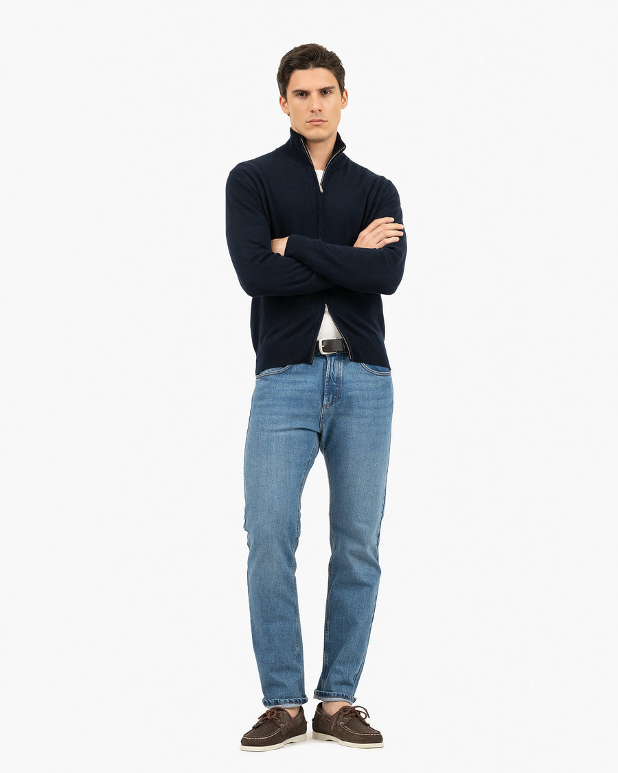 Mens' Classic Zip Cardigan - Night Blue Cashmere