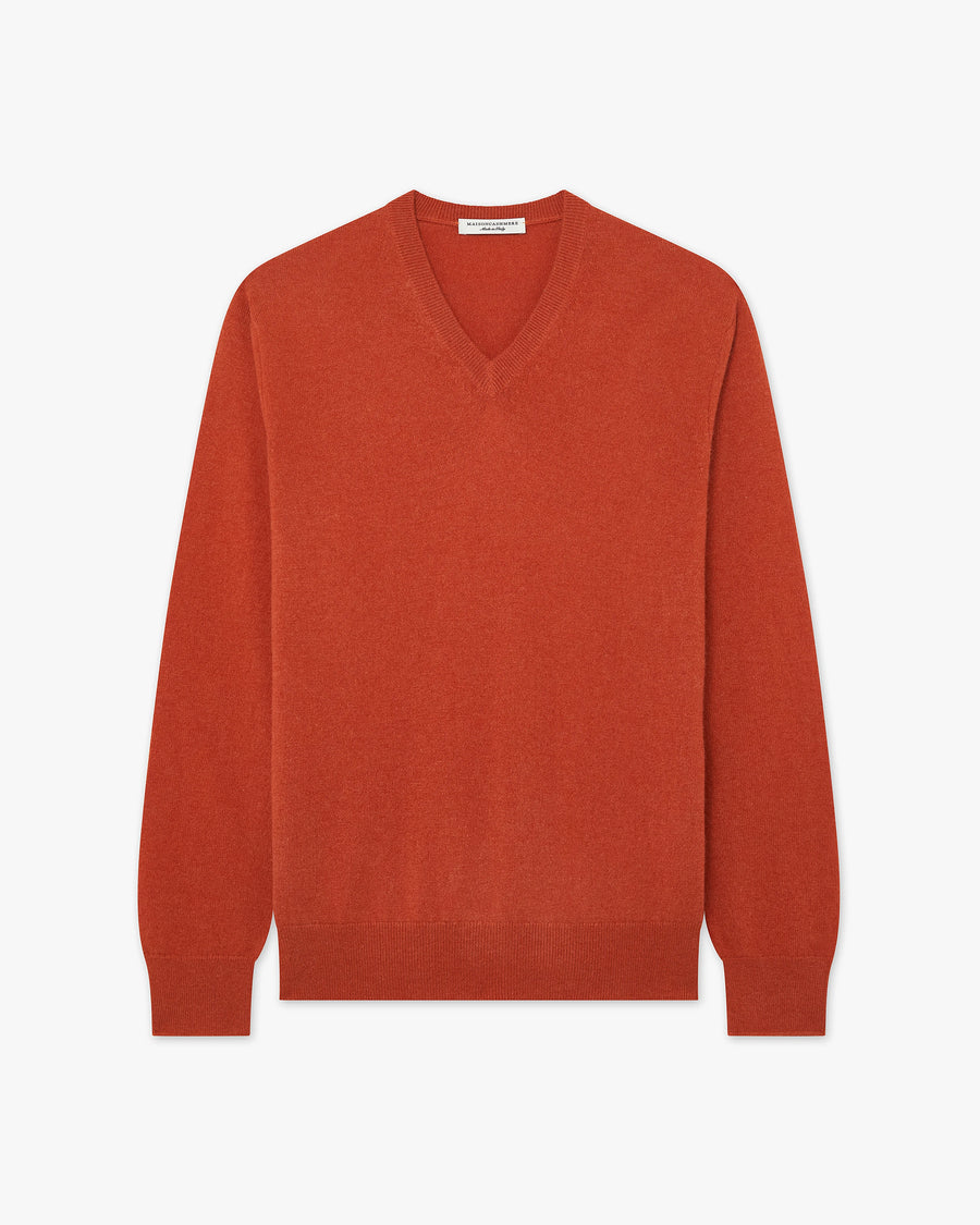 Men's Classic V-Neck Sweater - Brick Red Cashmere