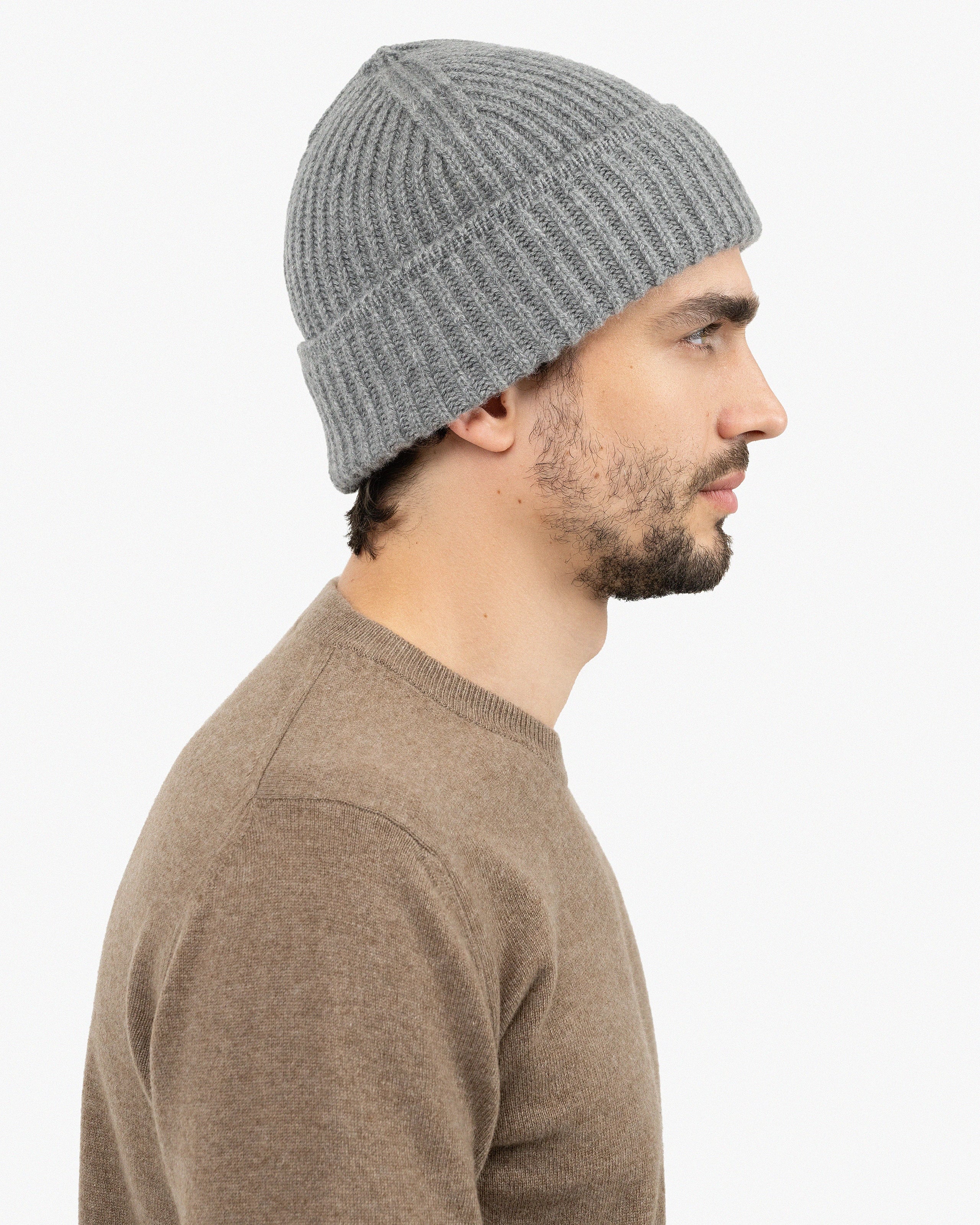 PHENIX Cashmere Ultra Soft Rib Fold Over Cuff Jersey Knit Hat, Gray, OS Lierys Rolled Edge Knit Hat Women/Men Anthracite One Size at  main image 4