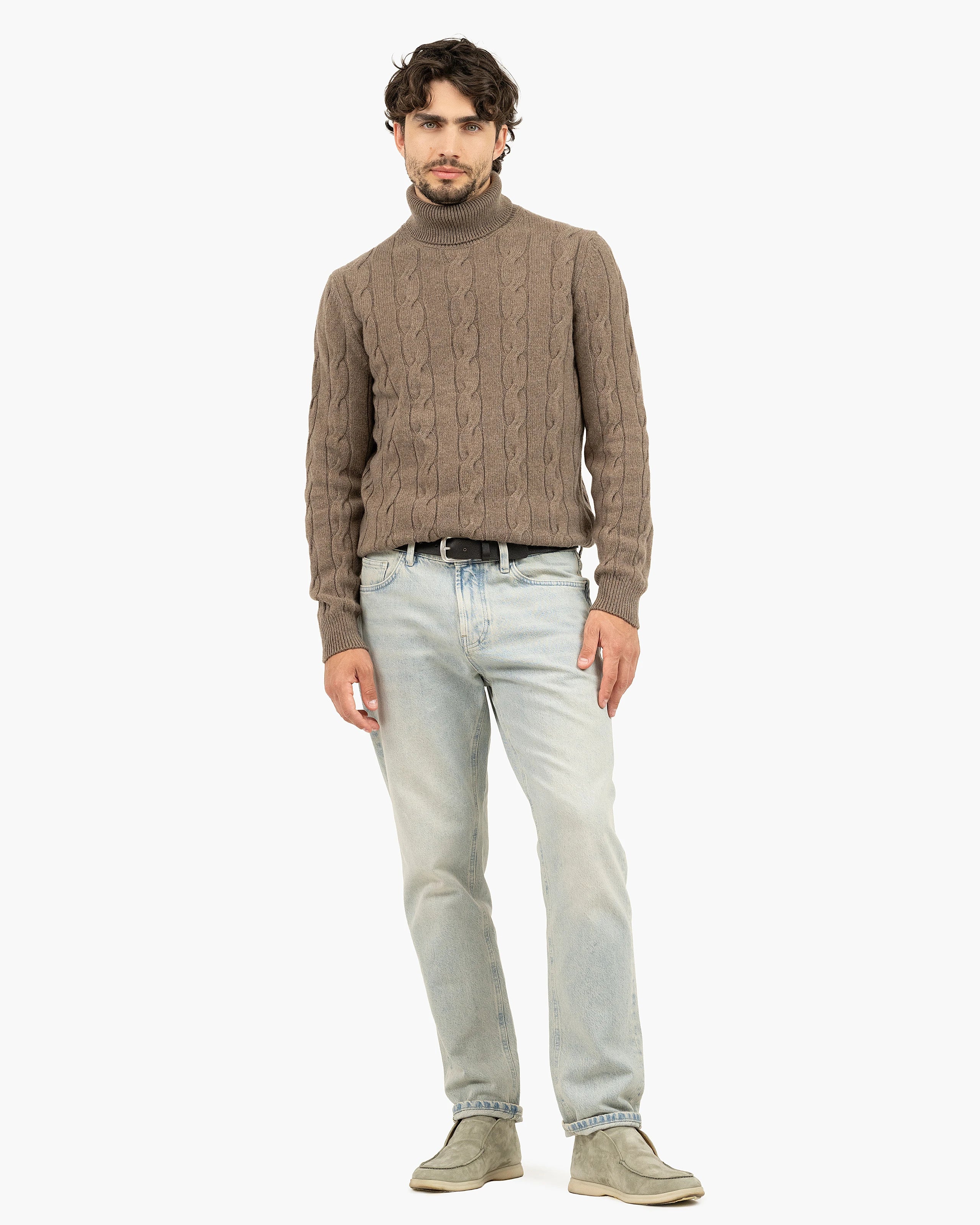 Men's Faloria Cable Cashmere Turtleneck - Brown | MaisonCashmere