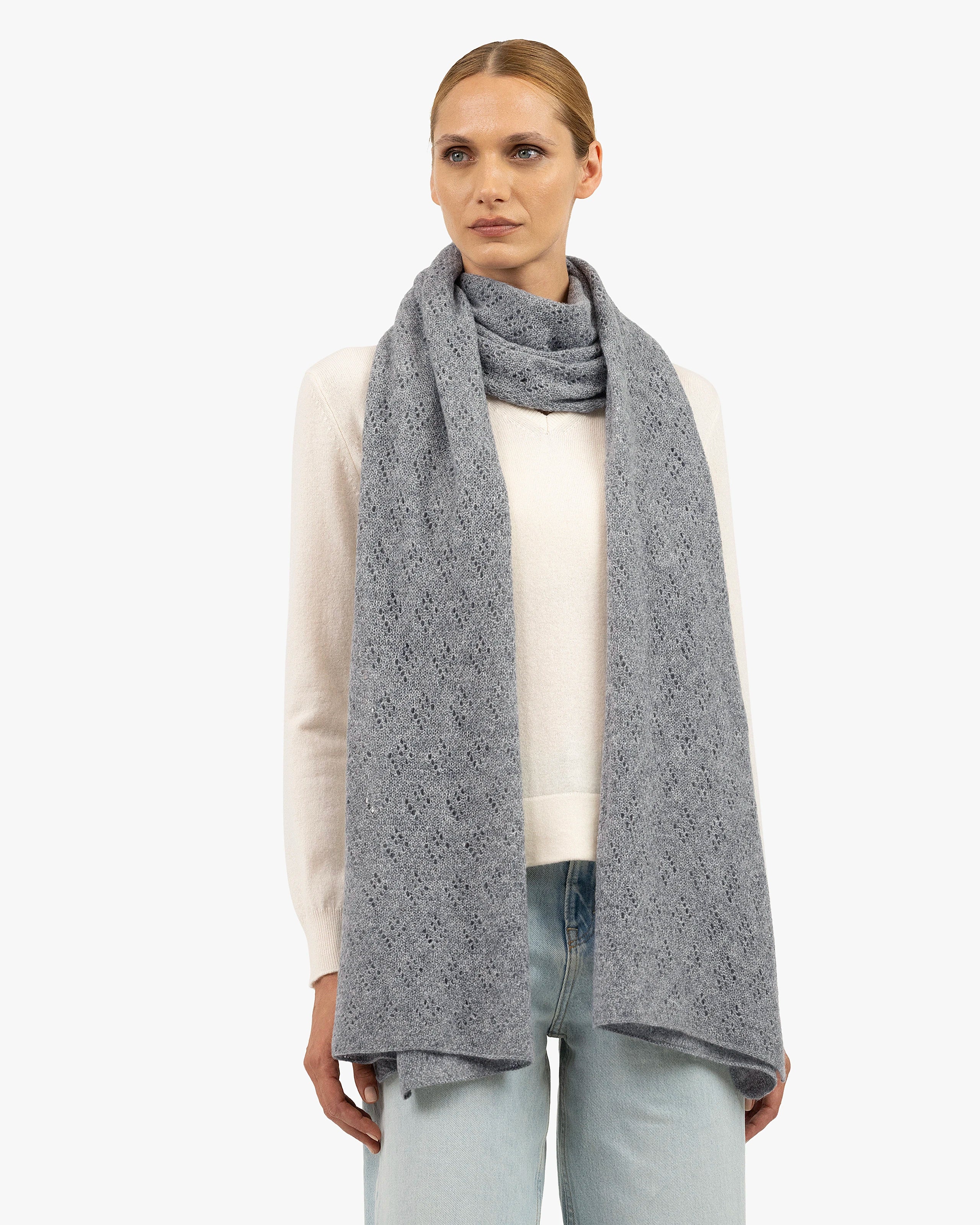 Maxi Sciarpa Cashmere Pointelle Grigio Medio MaisonCashmere