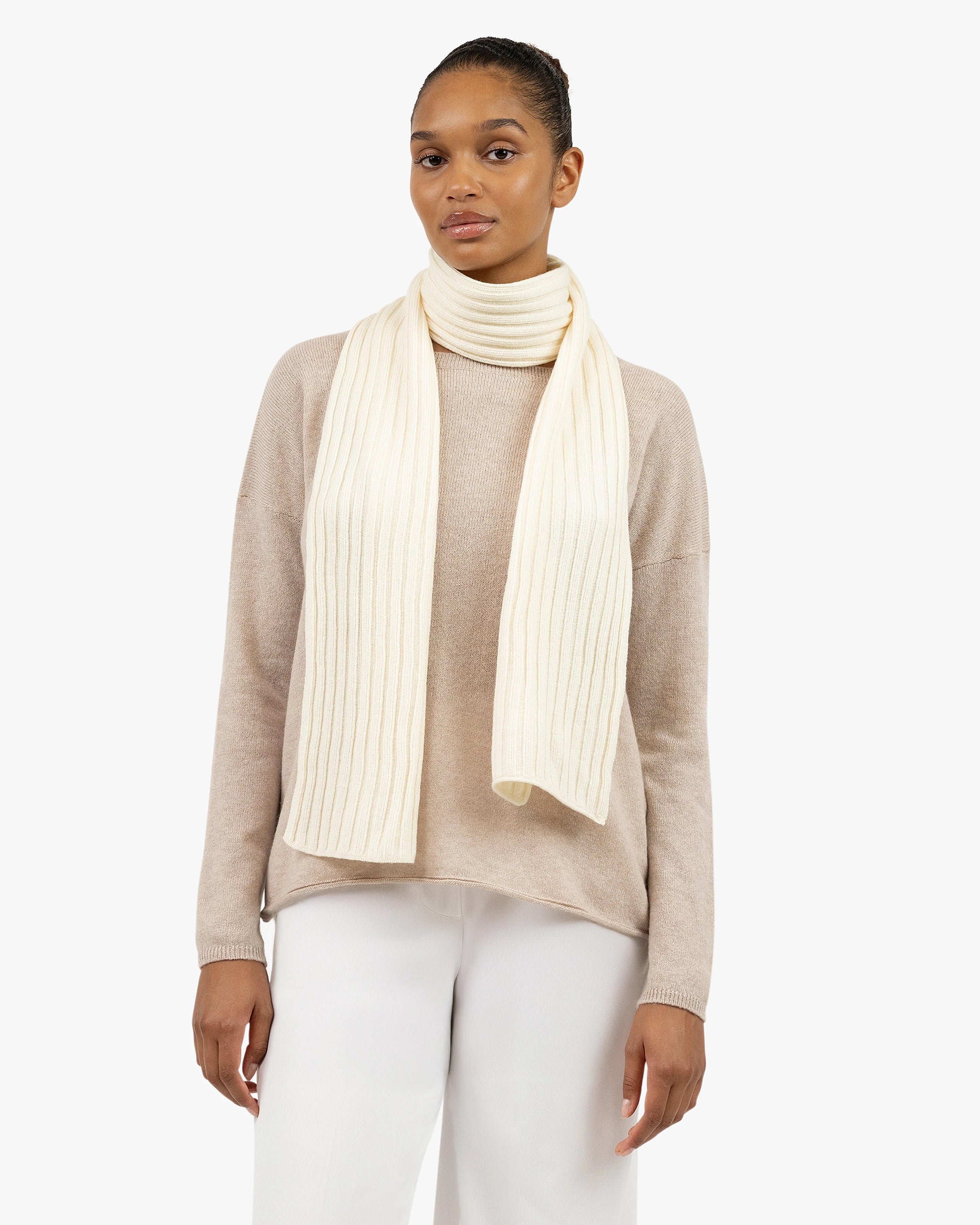 Ribbed Cashmere Scarf for Women - White | MaisonCashmere