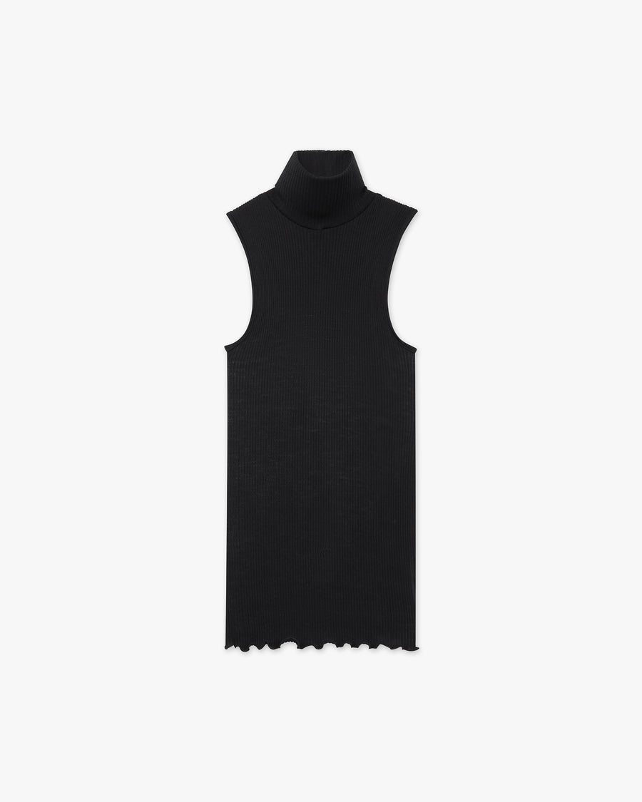 Turtleneck Pleated Tank Top - Black Merino / Seta