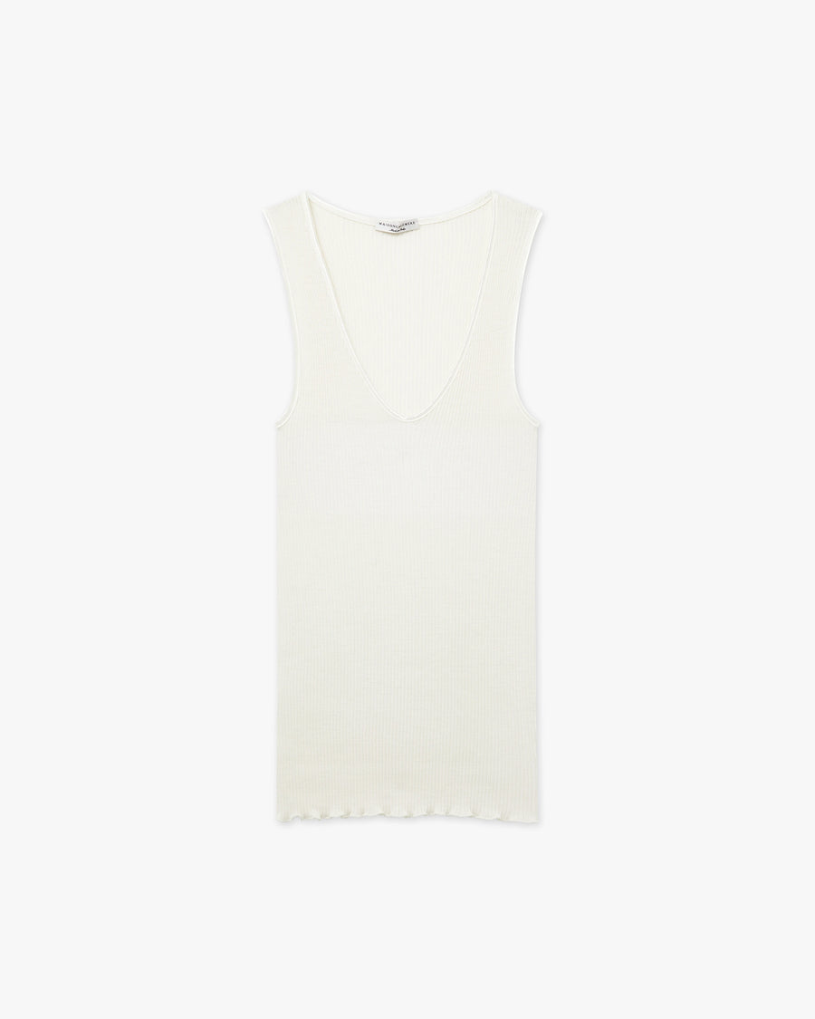 V-Neck Pleated Tank Top - White Merino / Seta