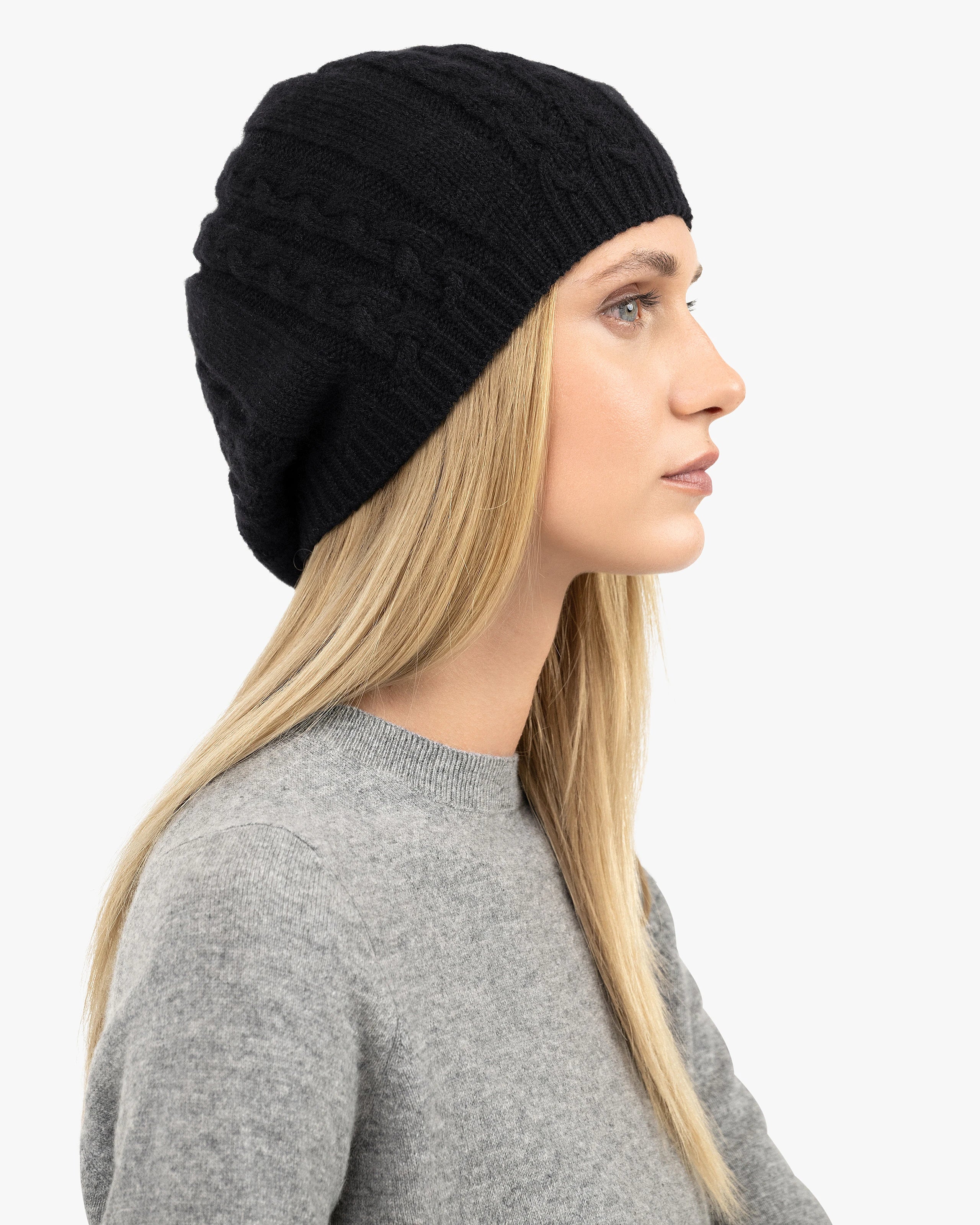 Virginia Cable Knit Cashmere Beret - Black | MaisonCashmere