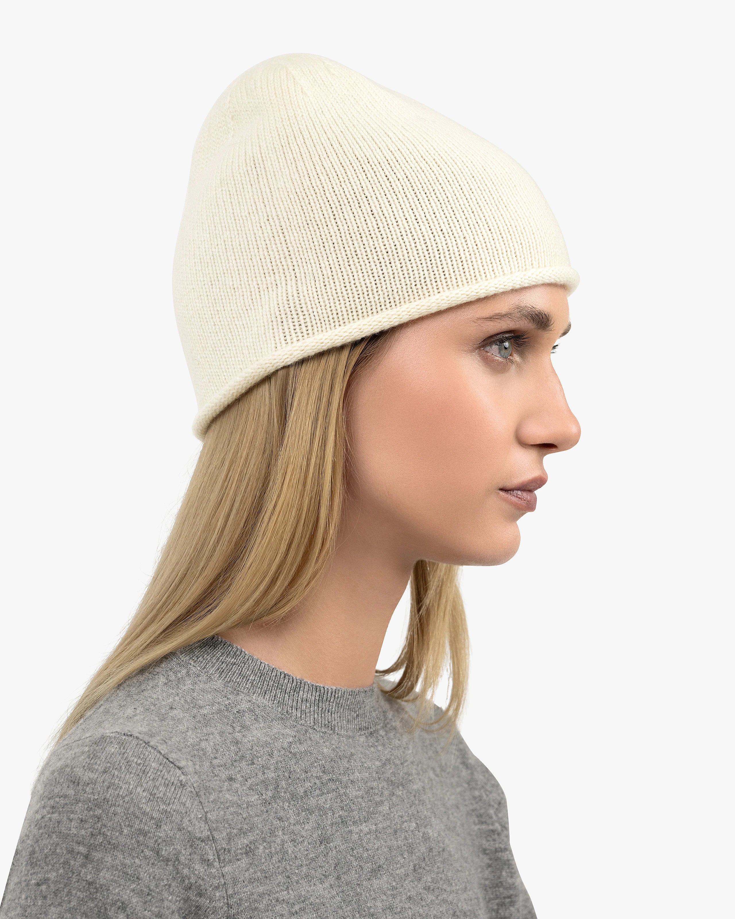 MAISON Cashmere Classic Ivory Knit Cuffed Beanie - Women display picture 1