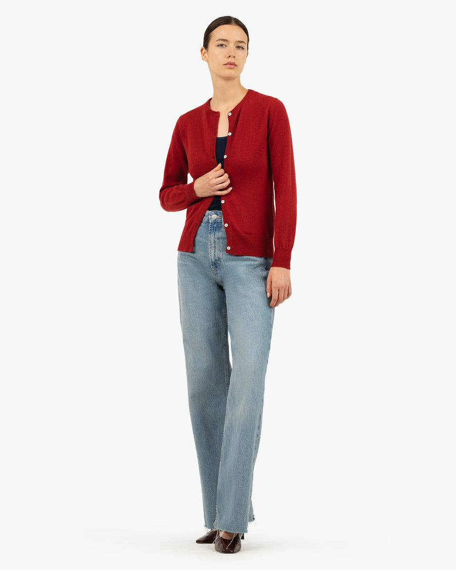 Essential Crew Neck Cardigan - Red Cashmere