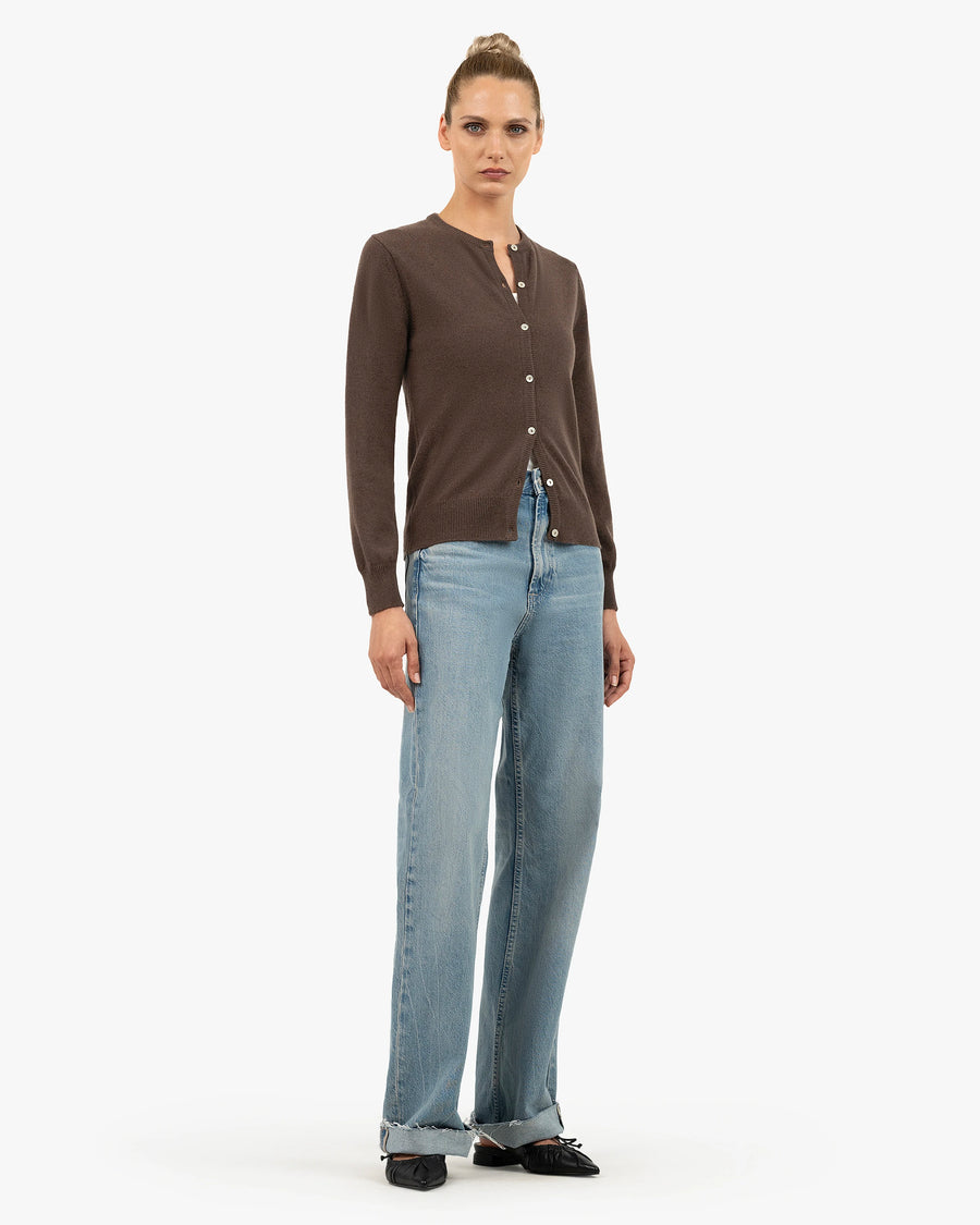 Essential Crew Neck Cardigan - Brown Cashmere