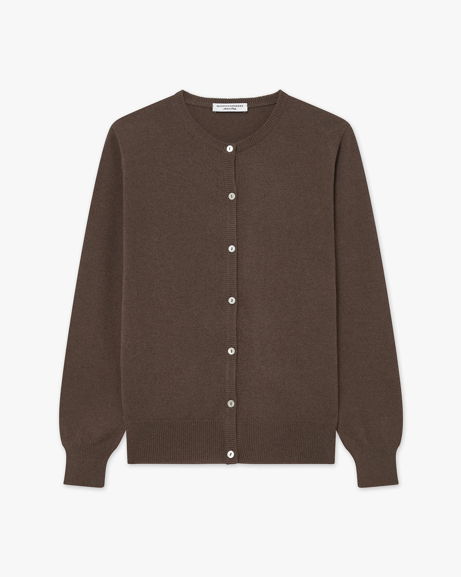 Essential Crew Neck Cardigan - Brown Cashmere