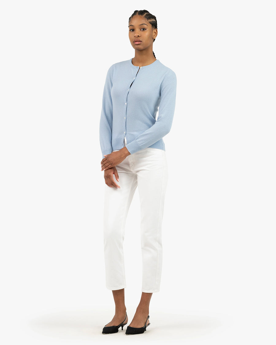Essential Crew Neck Cardigan - Light Blue Cashmere