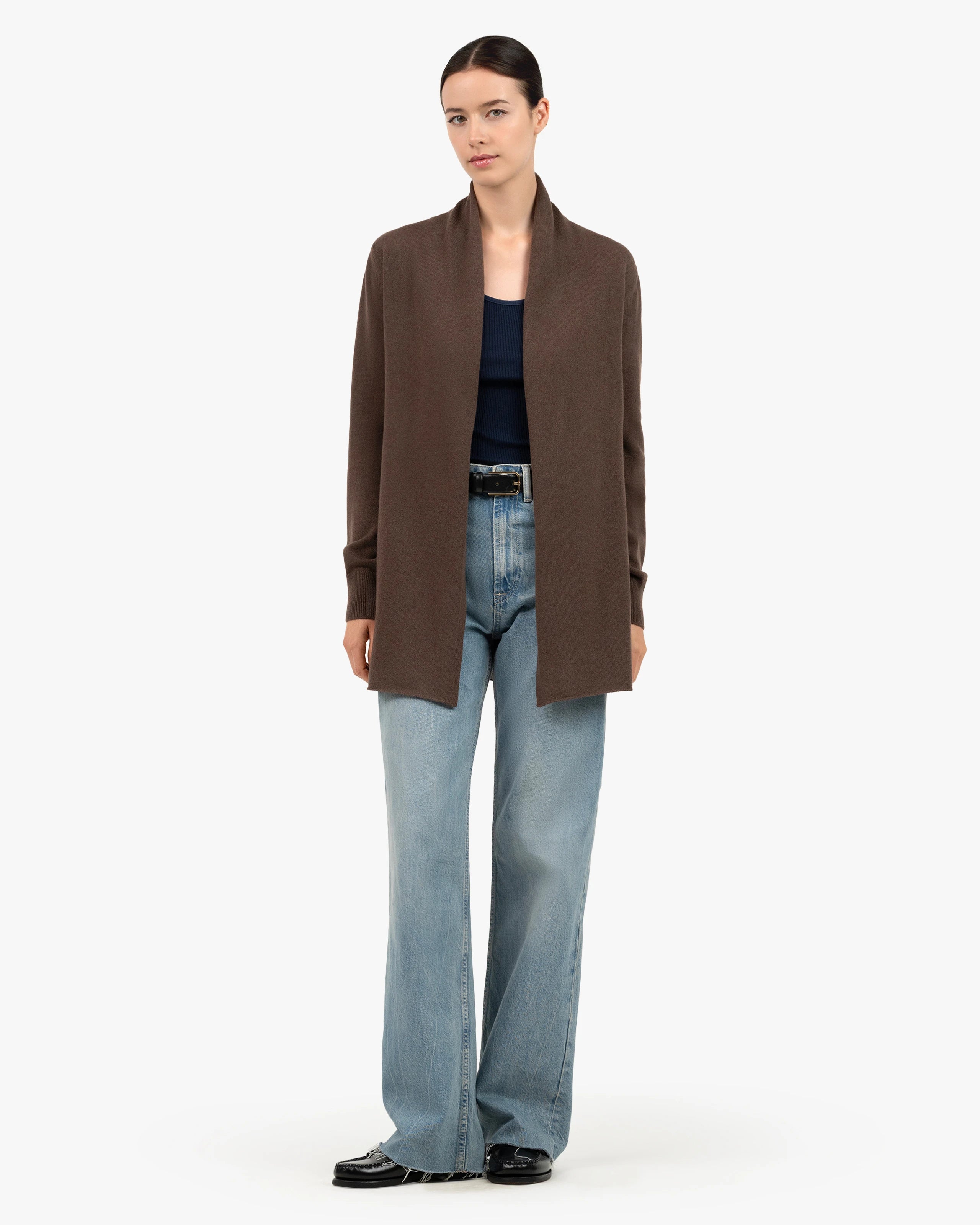 Women's Essential Cashmere Open Cardigan - Brown | MaisonCashmere