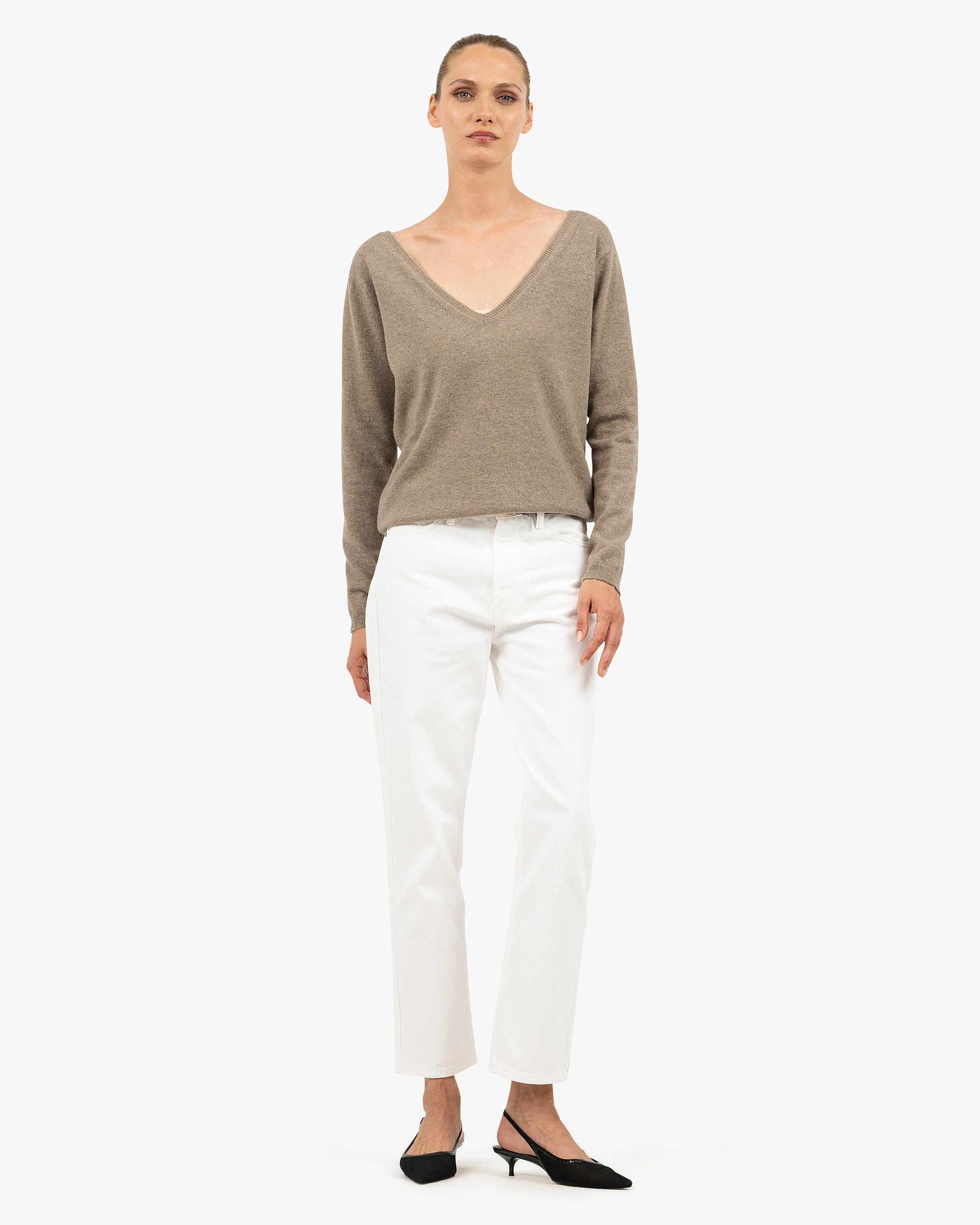 Women's Essential Cashmere Wide V-Neck - Taupe | MaisonCashmere