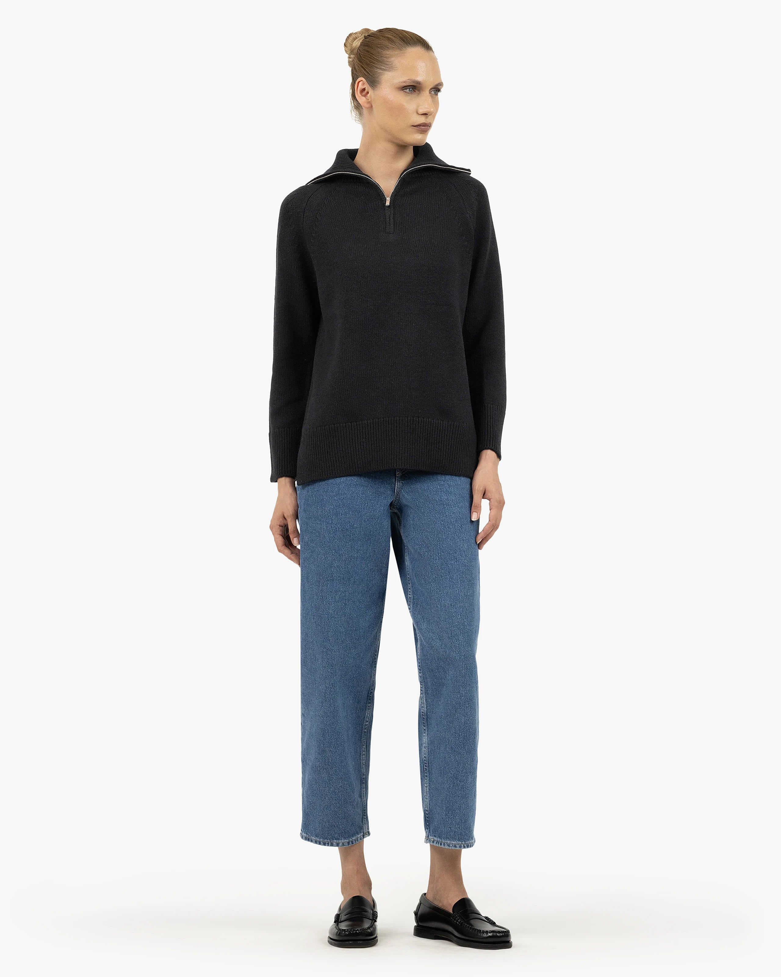 Women's Funes Zip Merino Sweater - Black | MaisonCashmere