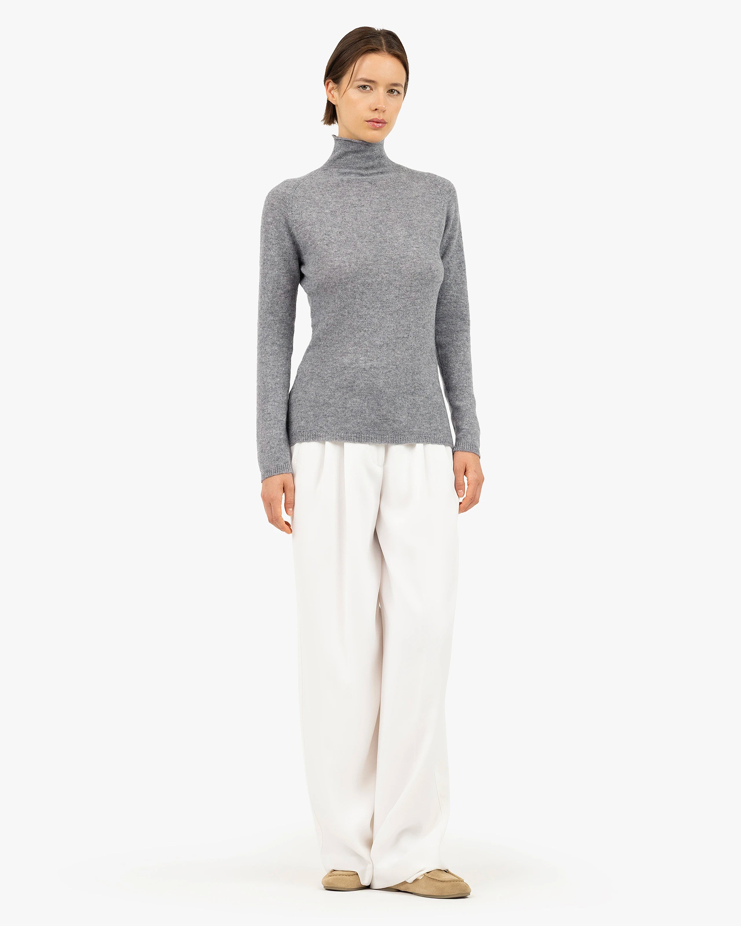 Pure White Cashmere 100% カシミヤ長袖ニット グレー Women's Piuma Cashmere Mock Neck Sweater - Medium Grey