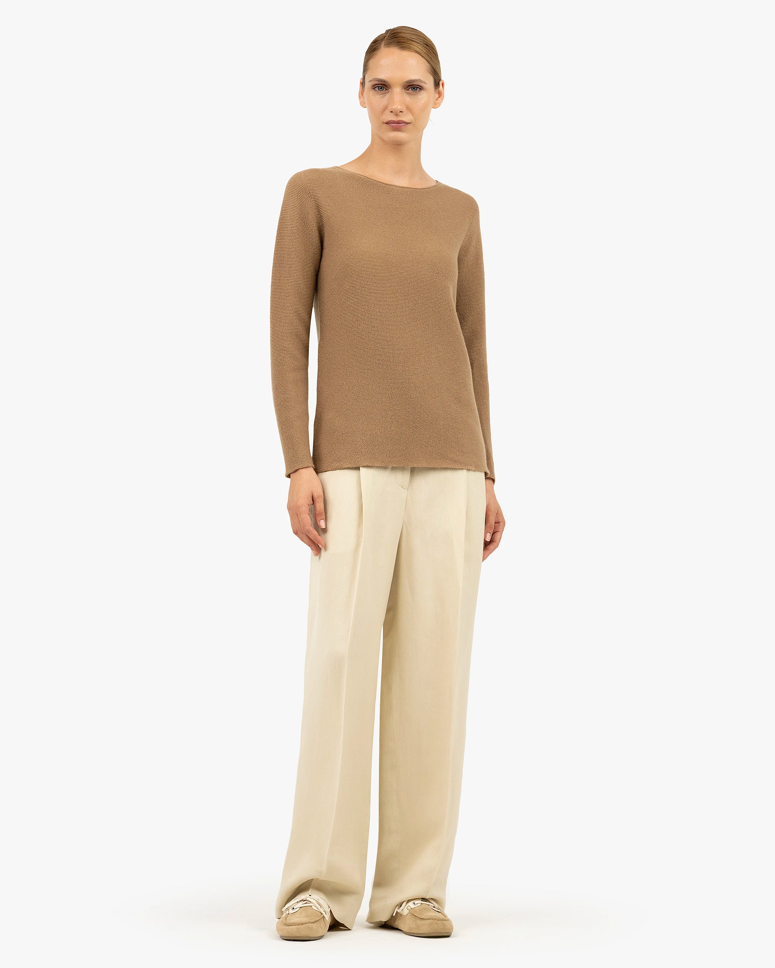 Women's Soffio Cashmere Boat Neck Sweater - Camel | MaisonCashmere