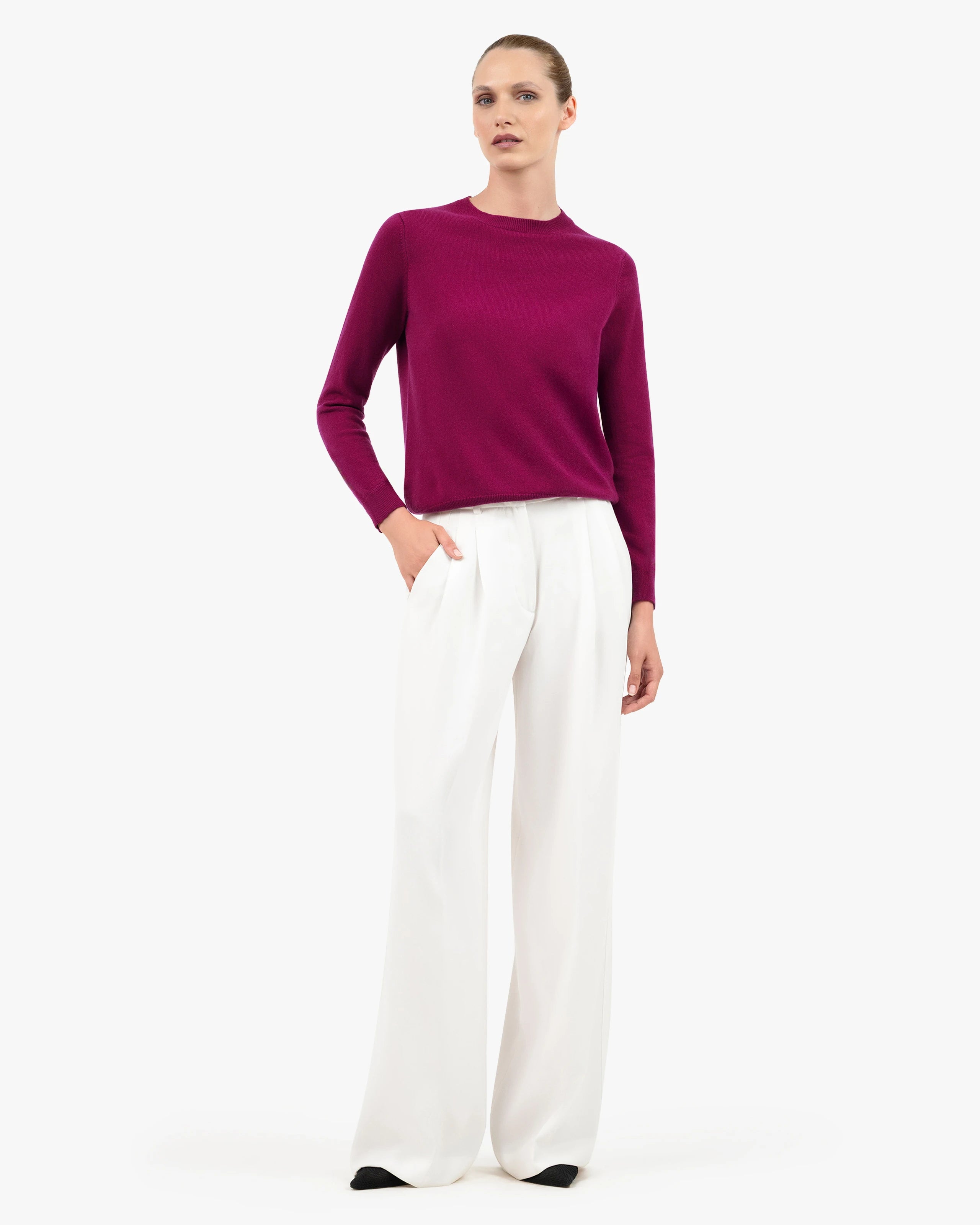 Women's Tribeca Cashmere Crew Neck Sweater - Magenta | MaisonCashmere