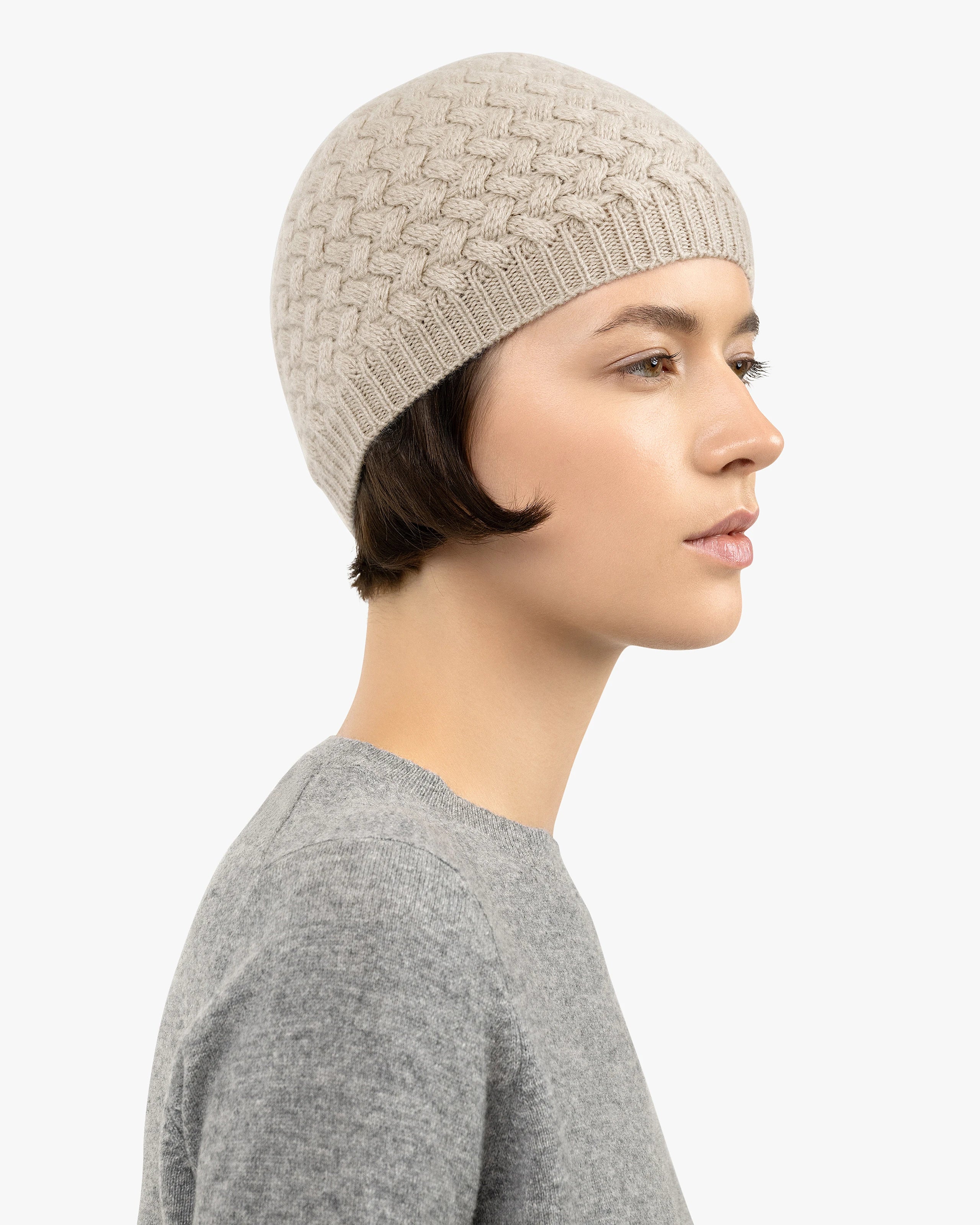 Basket Weave Beanie - Beige Cashmere