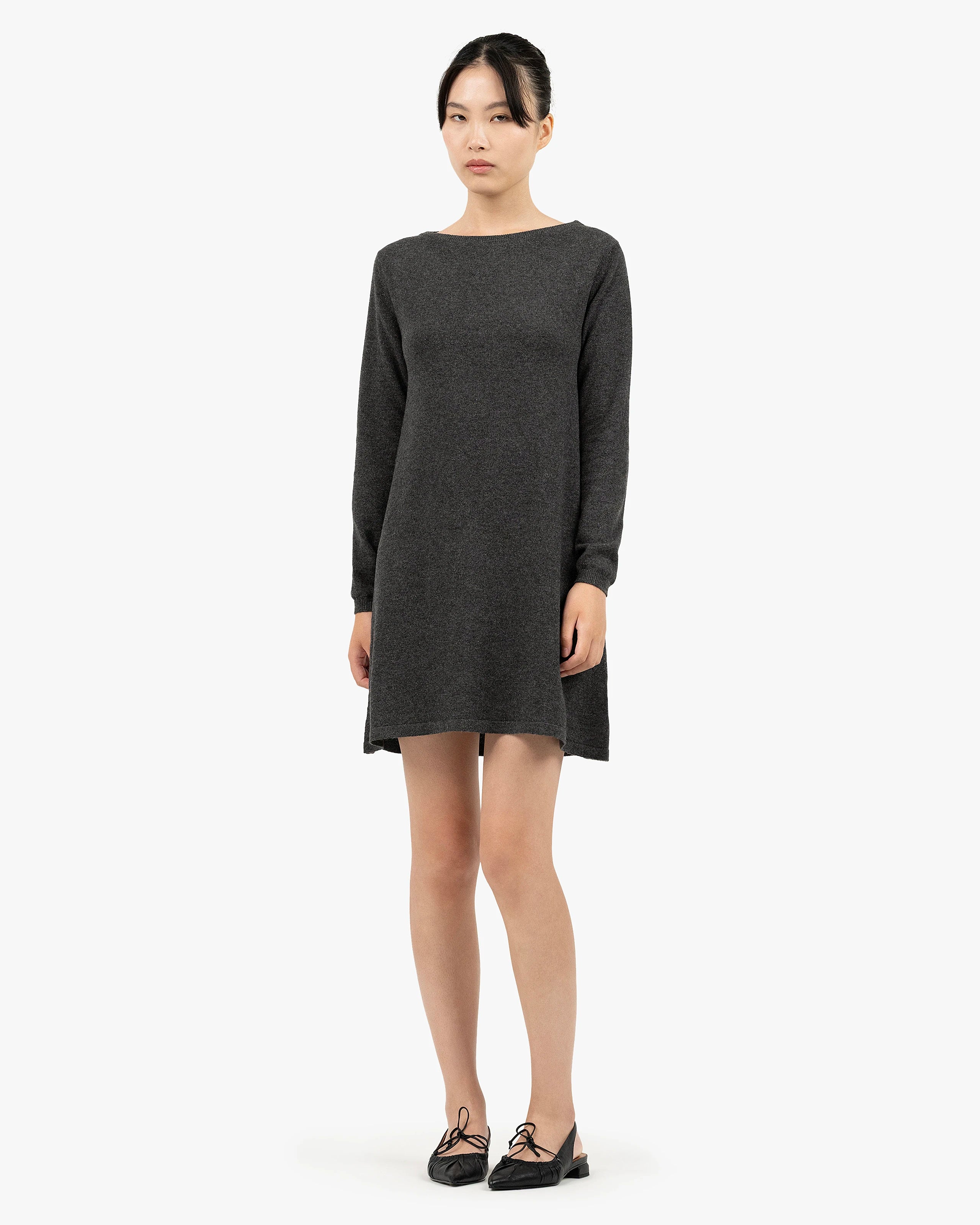 Florenz Boat Neck Dress - Charcoal Cashmere