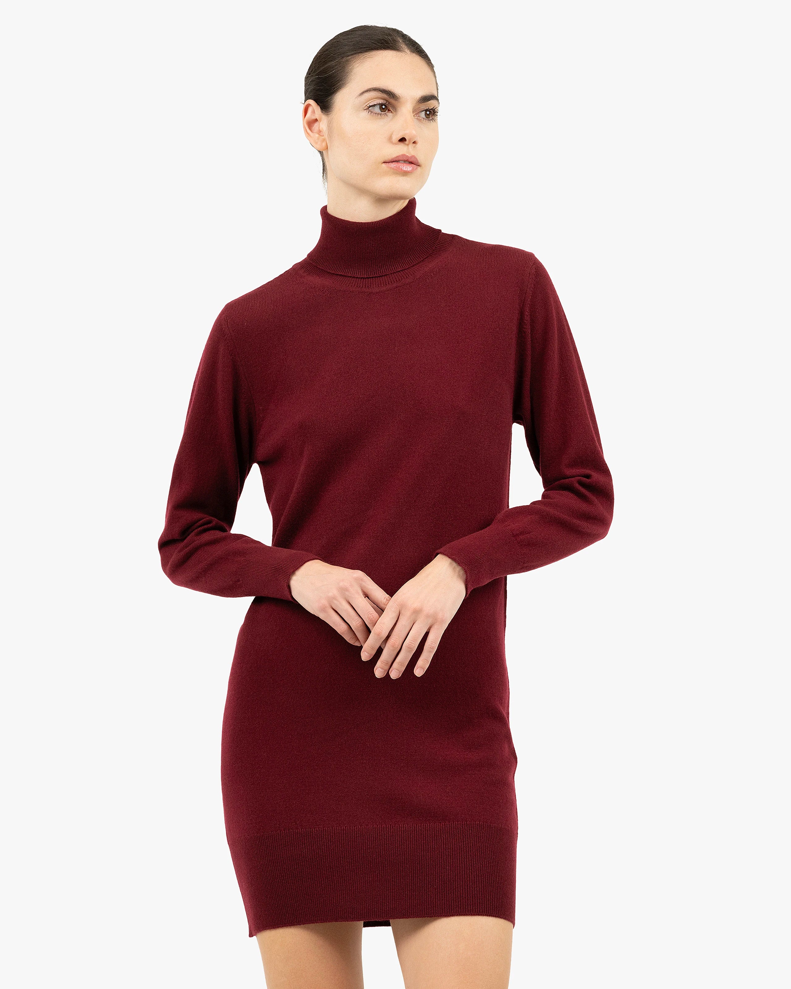 red turtle neck dress Burgundy Red Light Ribbed Tight Fit Midi Sleeve Turtleneck Sweater Mini Dress /2-2-3
