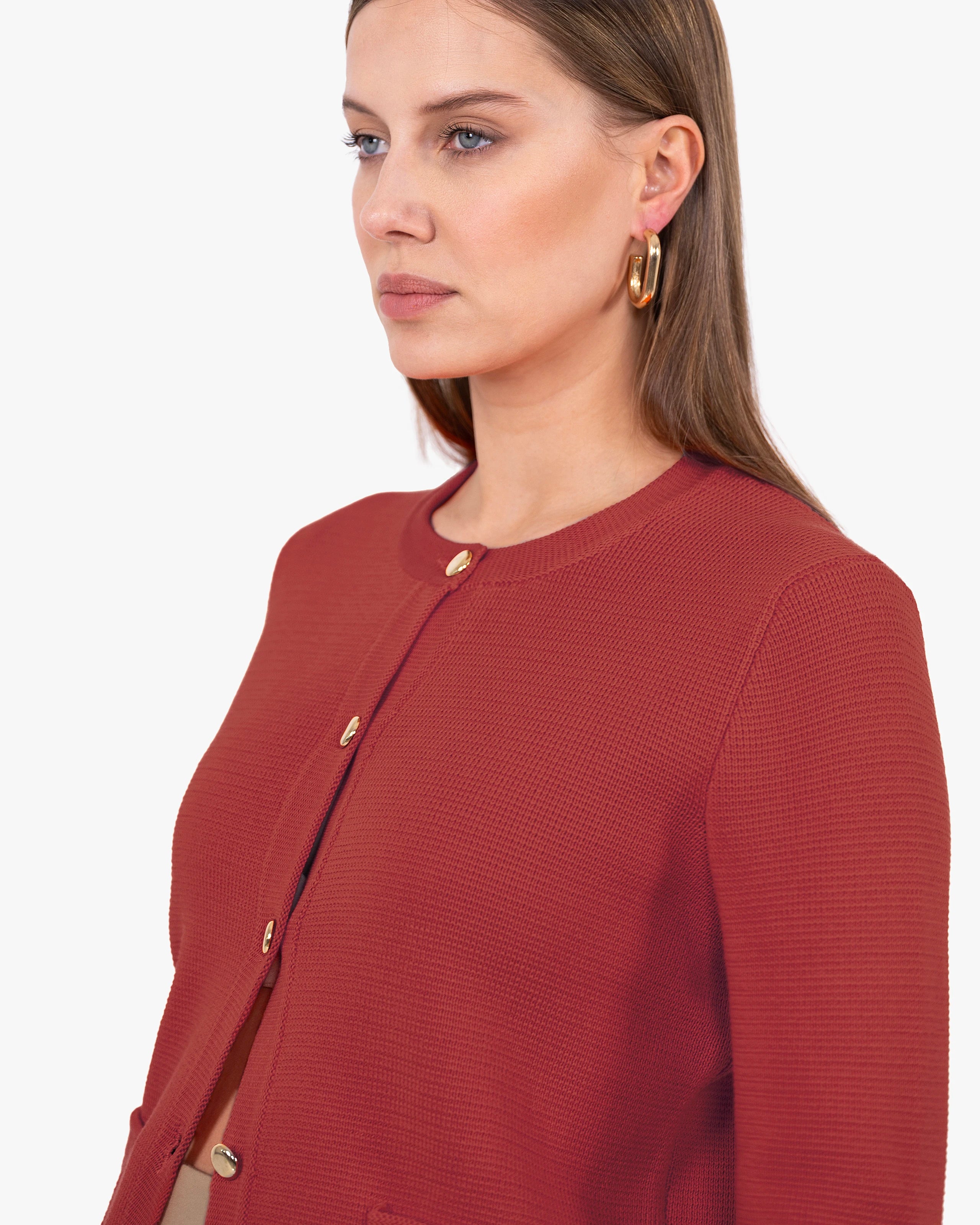 Oasi Crew Neck Cardigan - Red Cotone