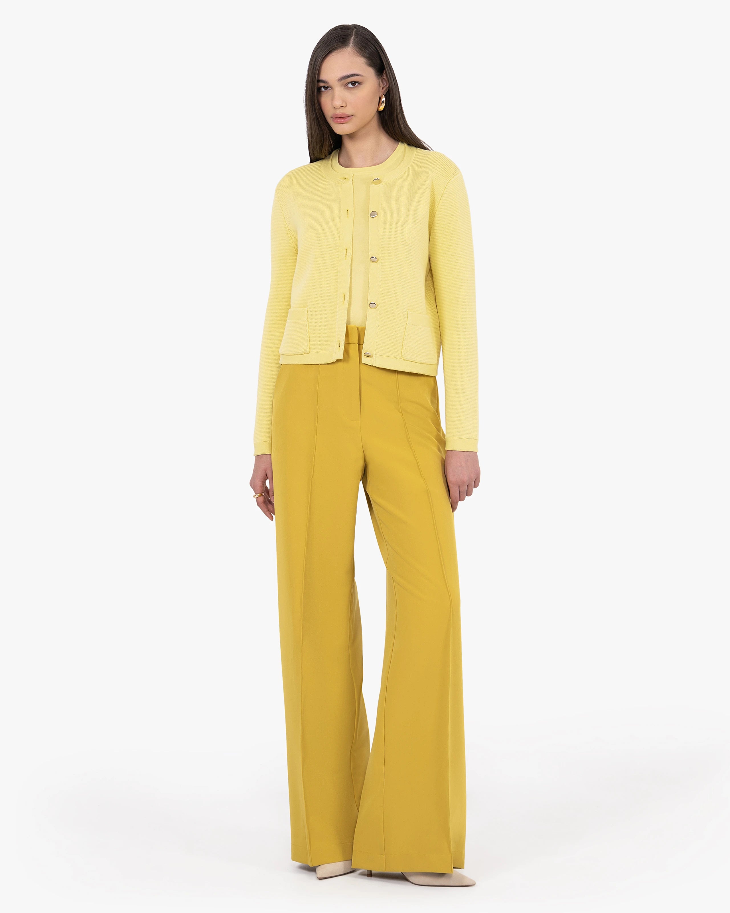 Oasi Crew Neck Cardigan - Yellow Cotone