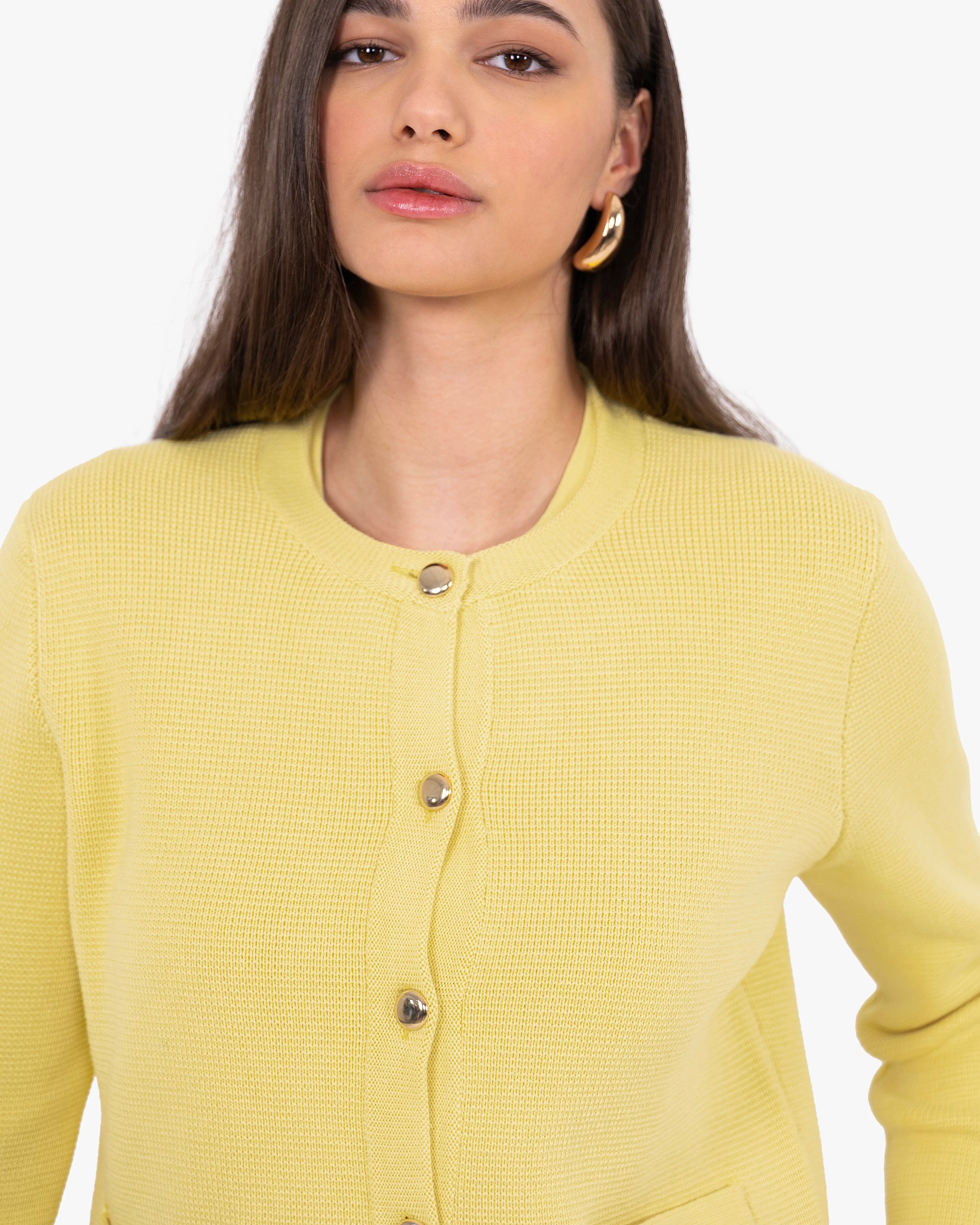 Oasi Crew Neck Cardigan - Yellow Cotone