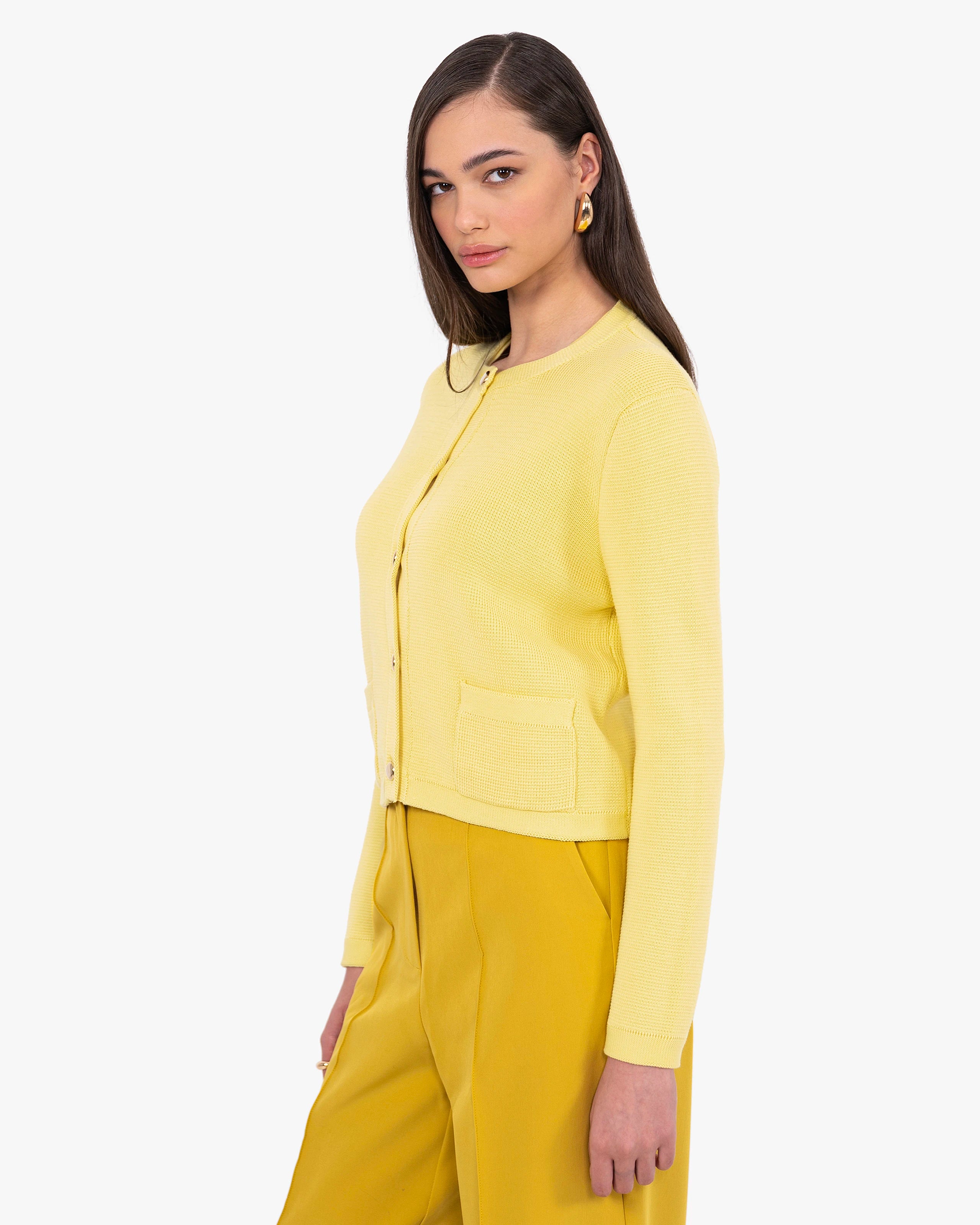 Oasi Crew Neck Cardigan - Yellow Cotone