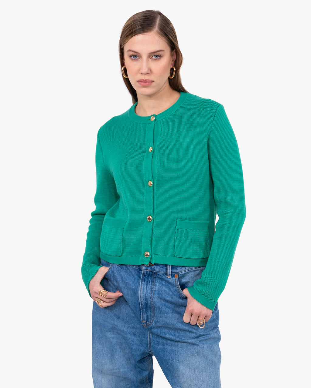 Oasi Crew Neck Cardigan - Green Cotone