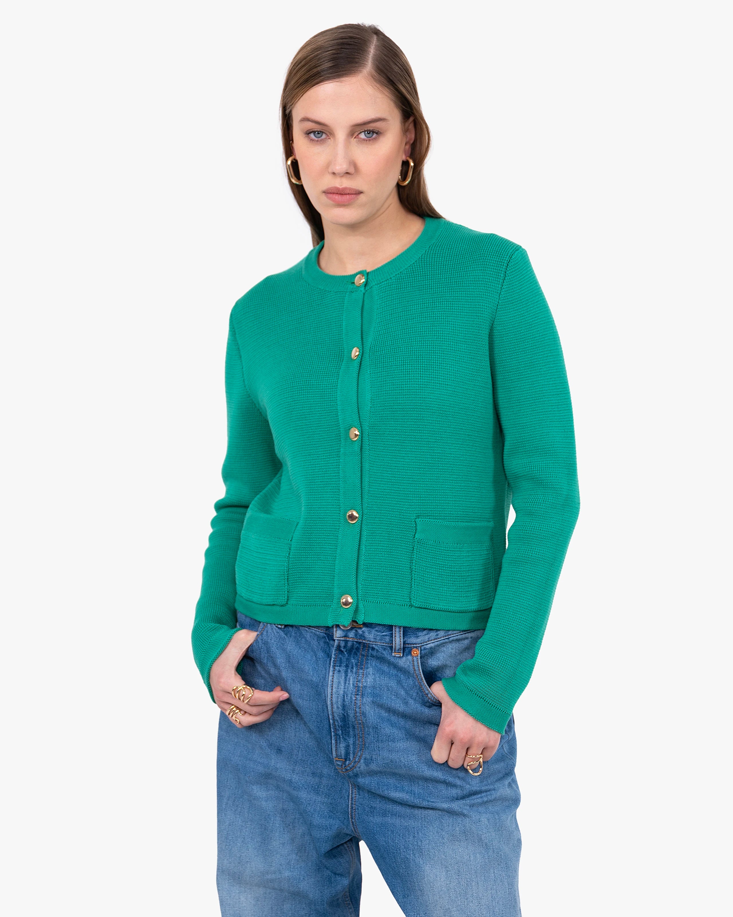 Oasi Crew Neck Cardigan - Green Cotone