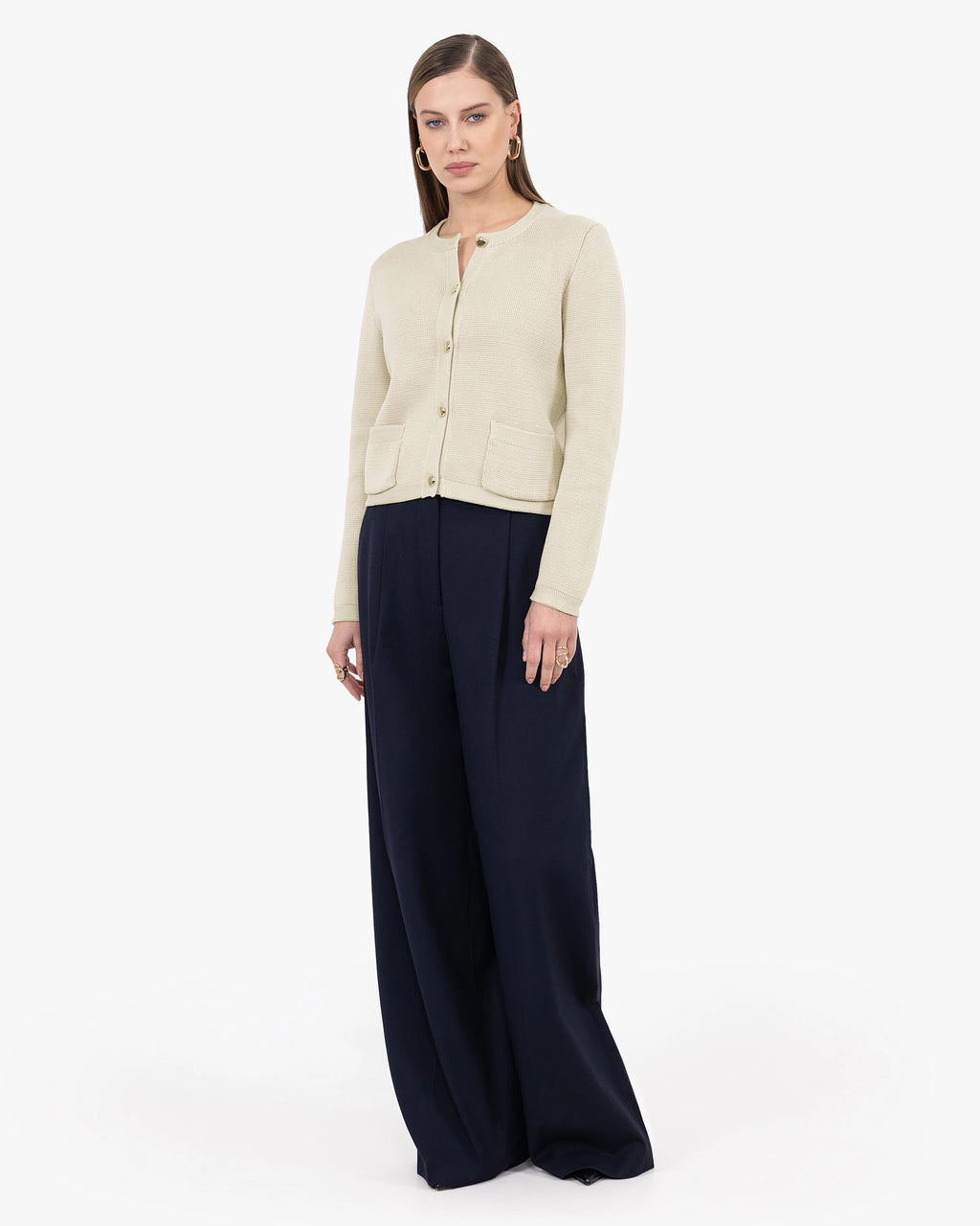 Oasi Crew Neck Cardigan - Beige Cotone