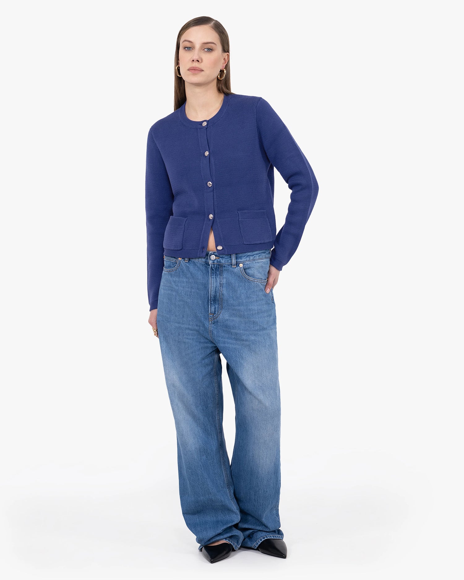 Oasi Crew Neck Cardigan - Blue Cotone