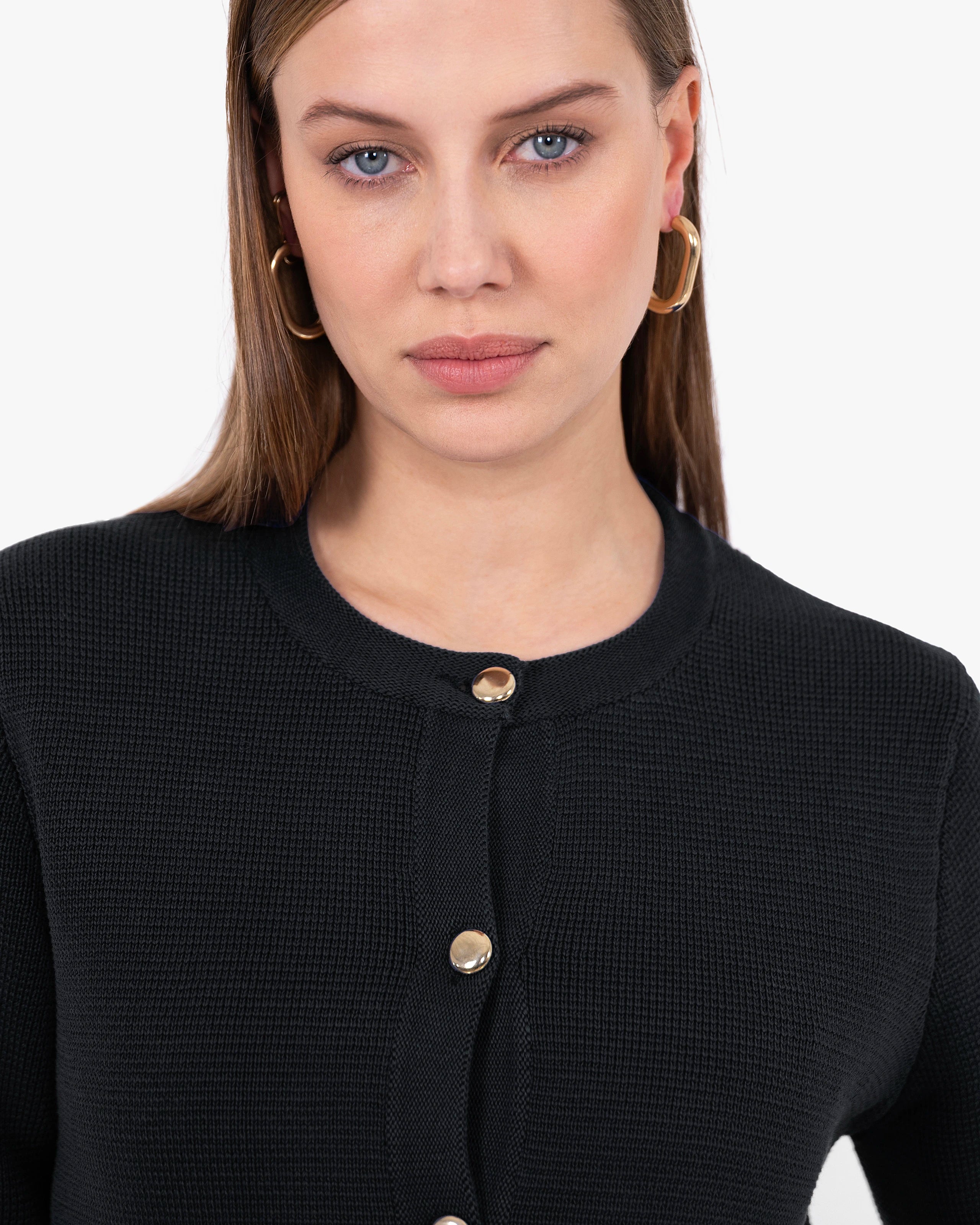 Oasi Crew Neck Cardigan - Black Cotone