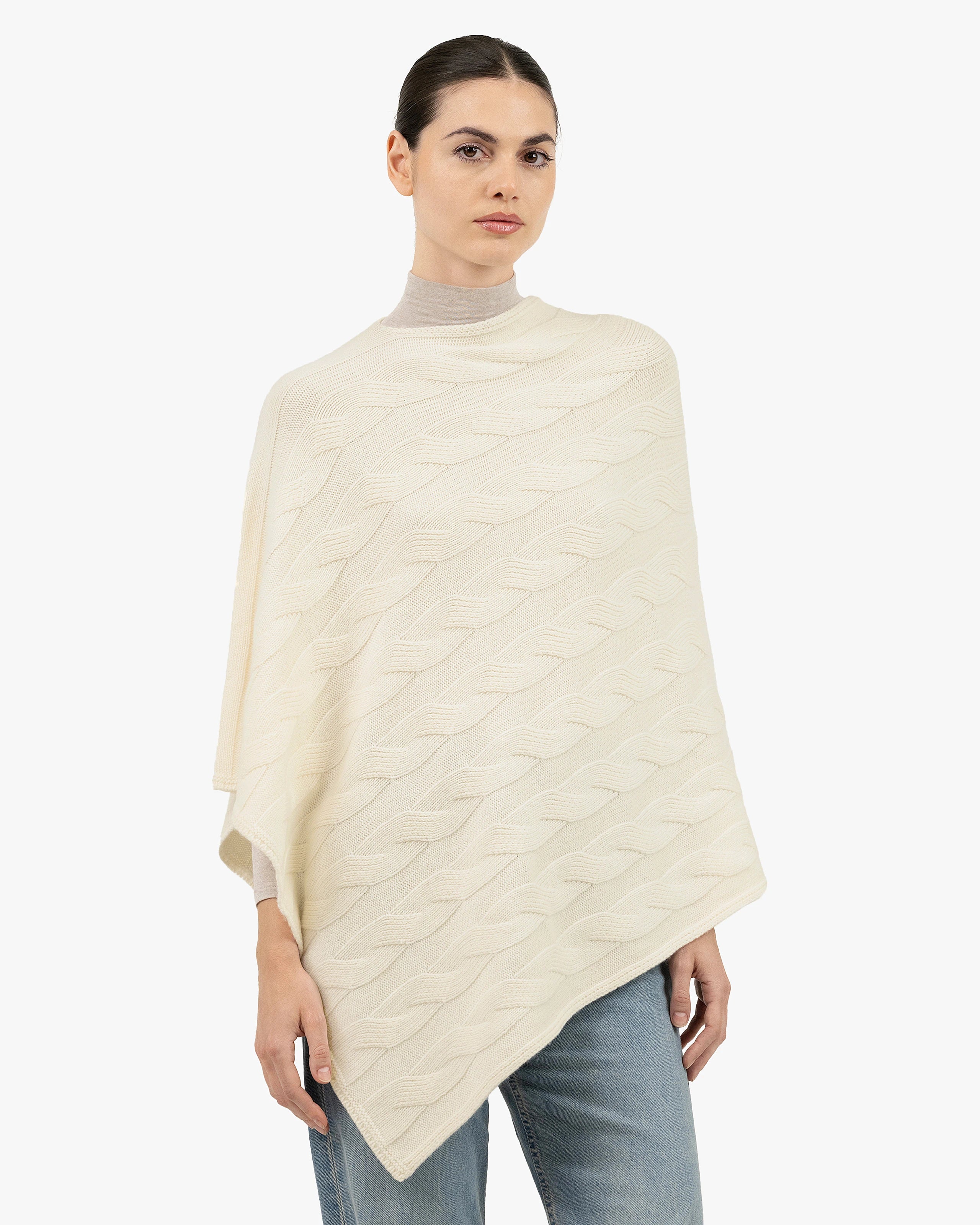 Cable Knit Maxi Poncho - White Cashmere