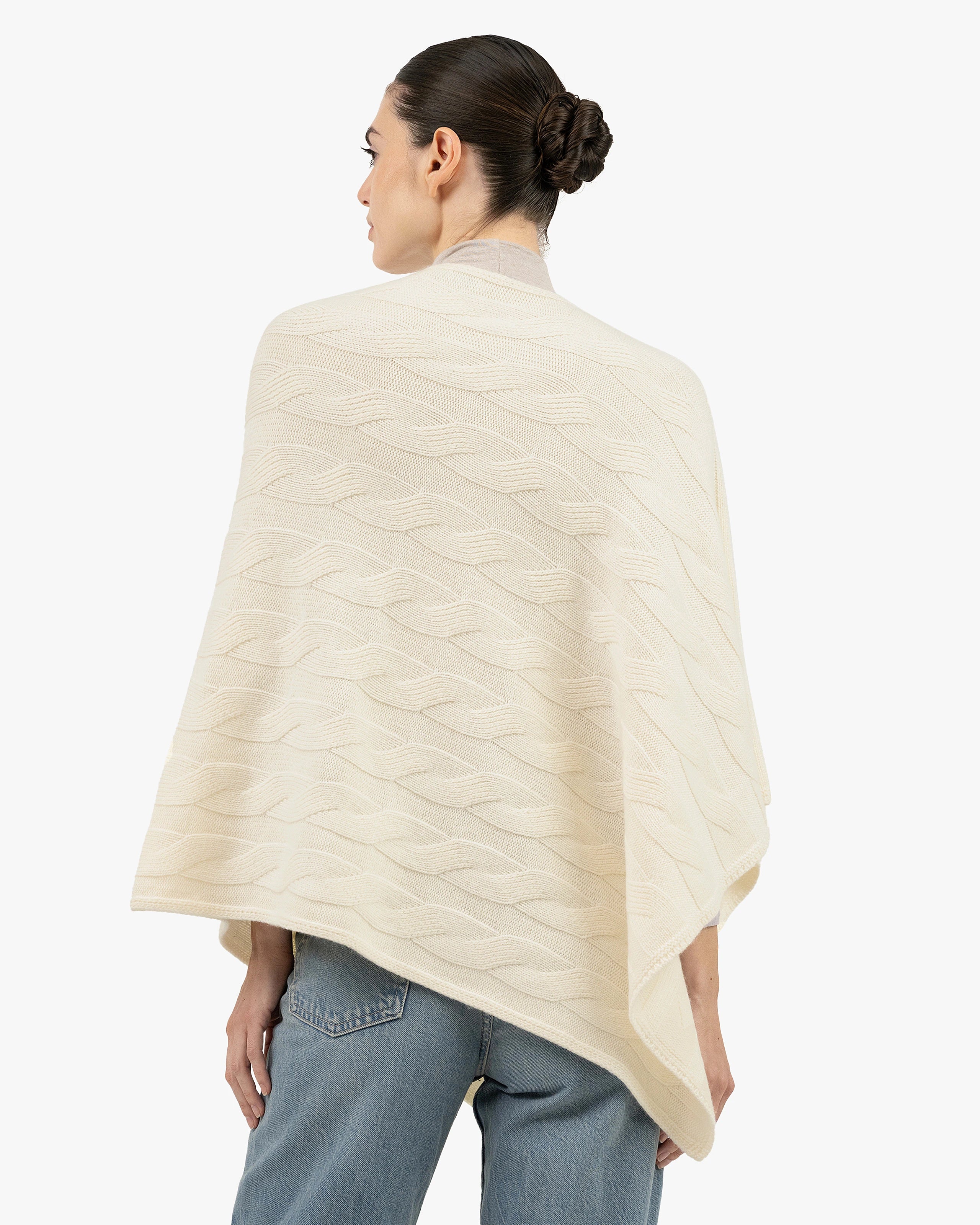 Cable Knit Maxi Poncho - White Cashmere