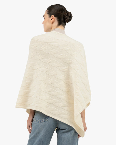 Cable Knit Maxi Poncho - White Cashmere