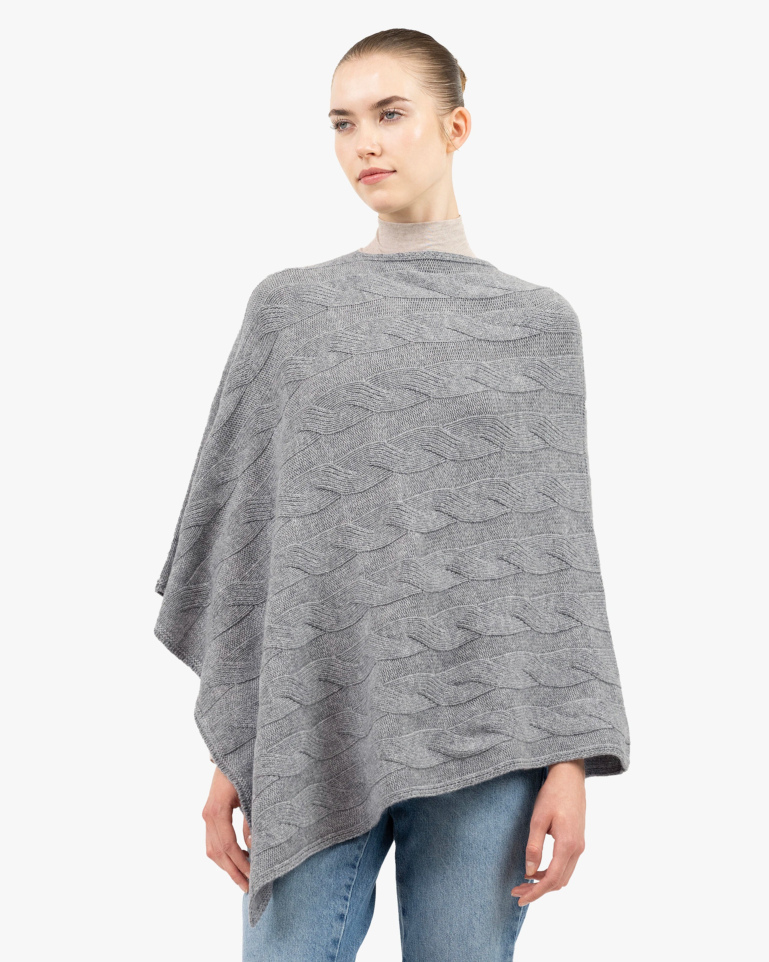 Cashmere Cable Knit Maxi Poncho - Medium Grey