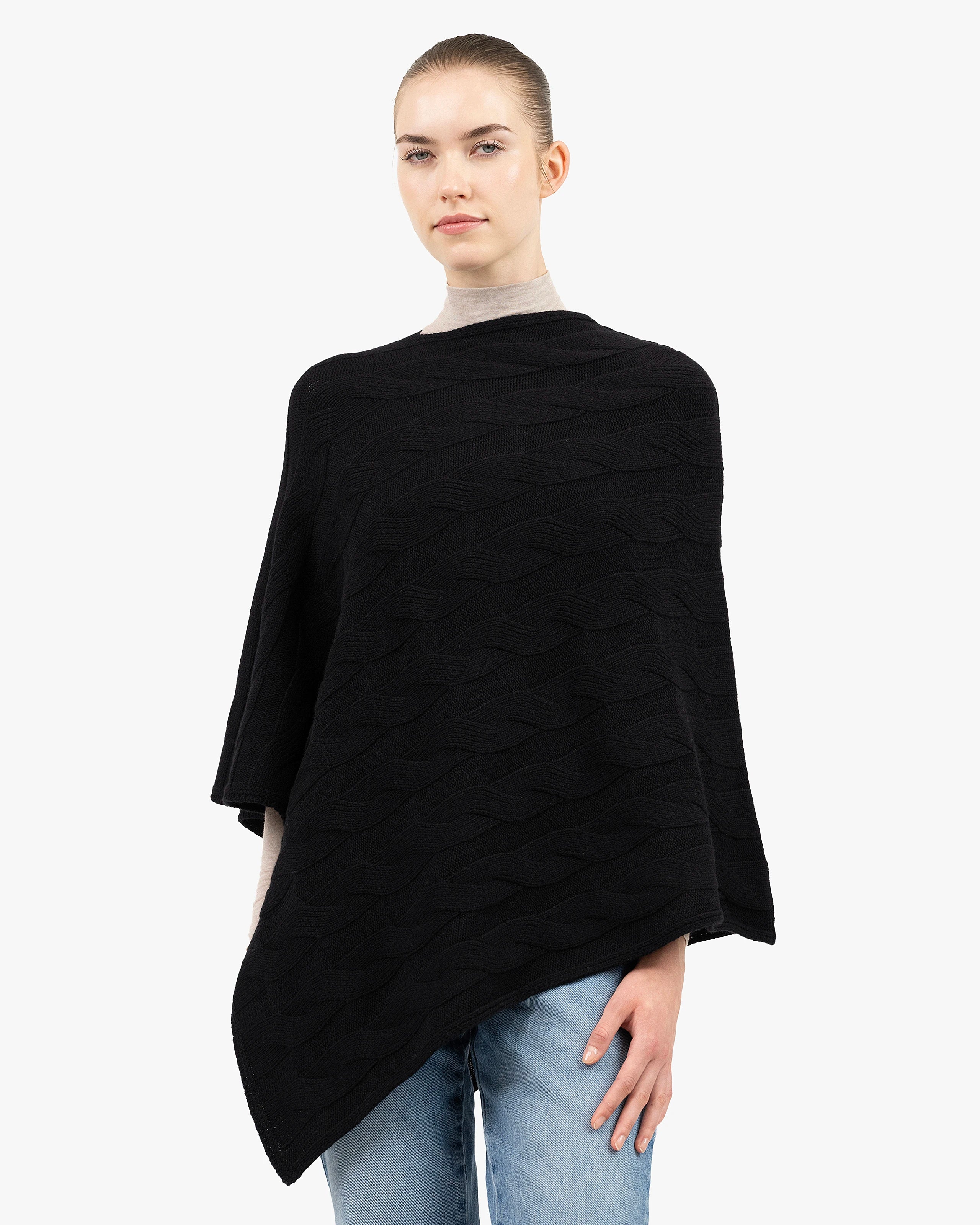 Cashmere Cable Knit Maxi Poncho - Black