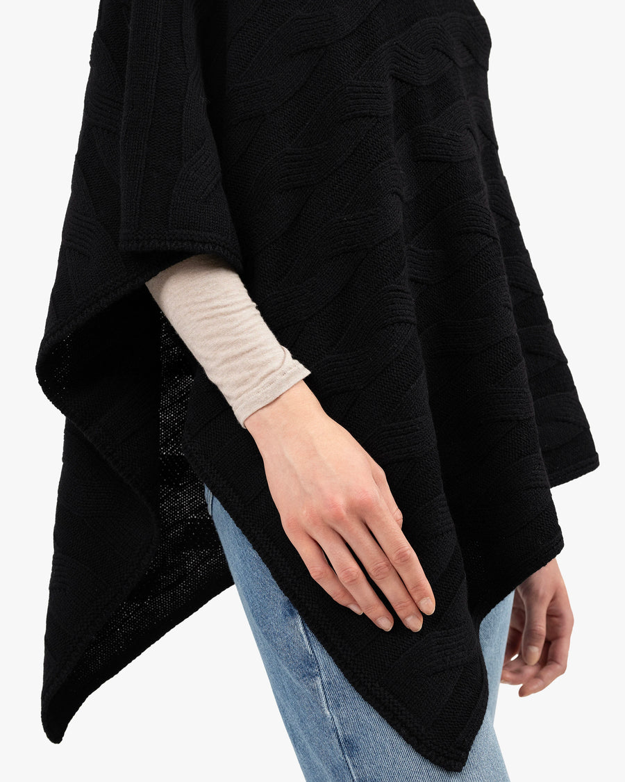 Cable Knit Maxi Poncho - Black Cashmere