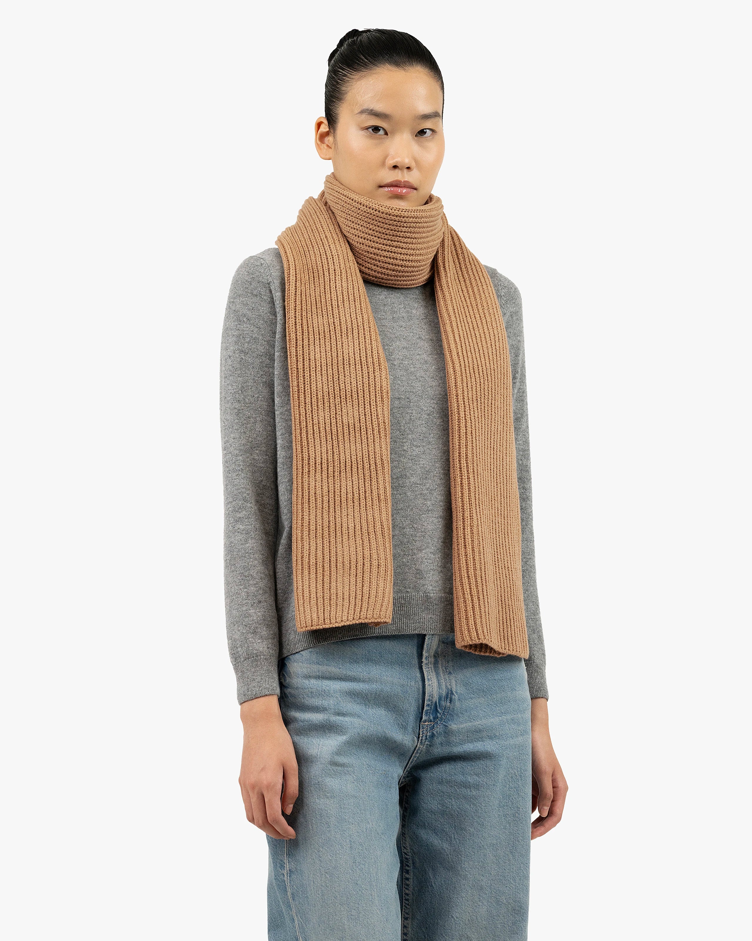 Maxi Ribbed Wool Cashmere Scarf Camel