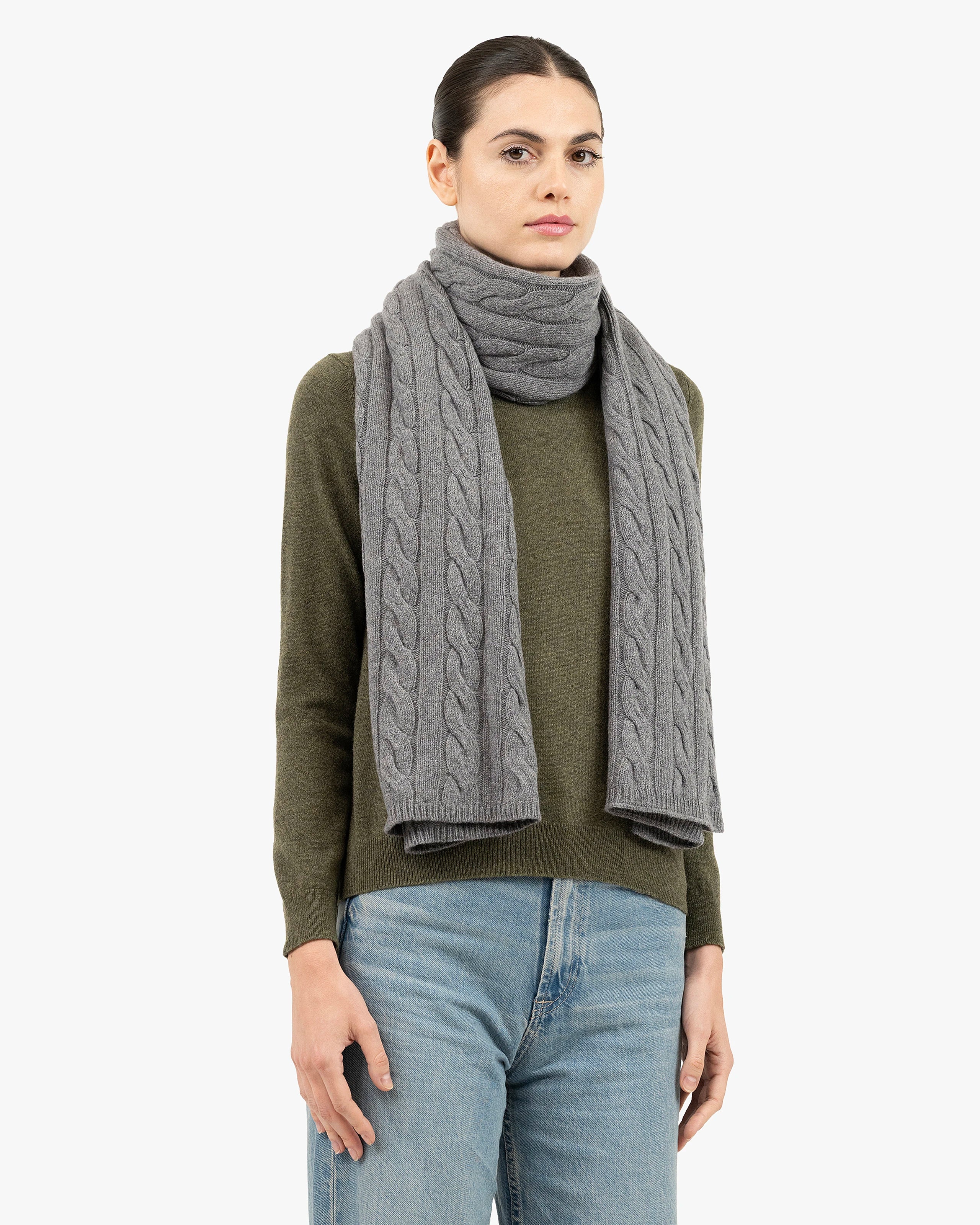 Cable Knit Maxi Scarf - Grey Cashmere