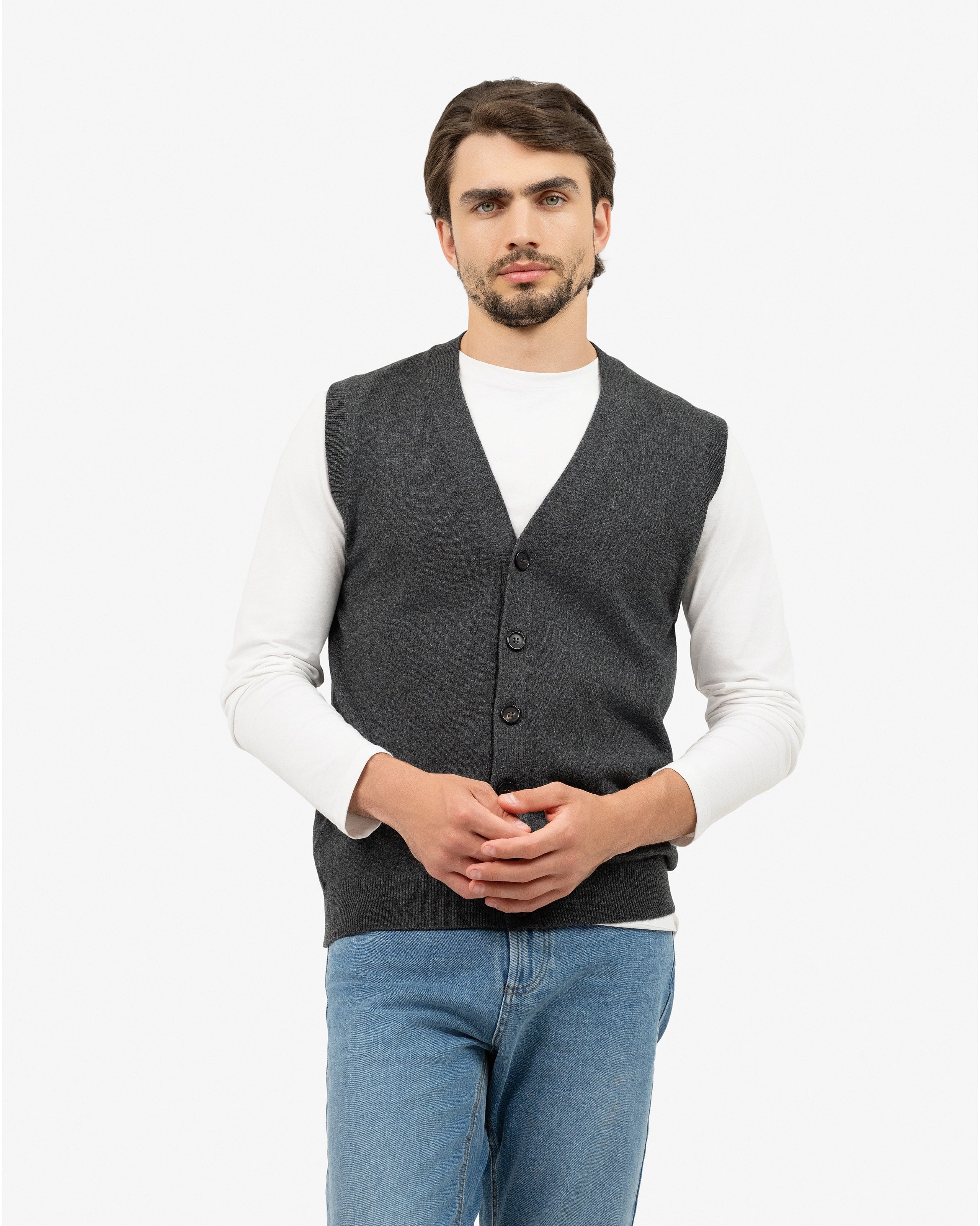 Men's Classic Cardigan Vest - Charcoal Cashmere